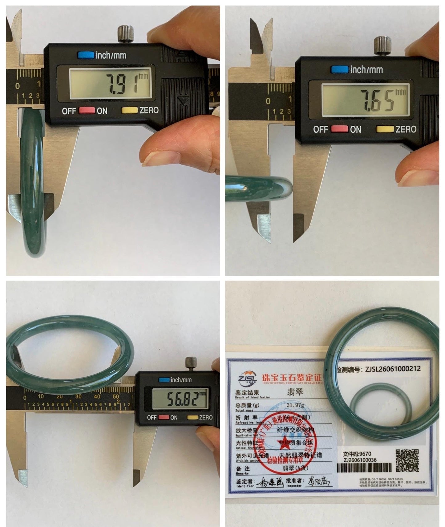Certified Natural Grade A Guatemalan Icy Translucent Teal Blue Jade Jadeite Bangle Bracelet 56.8mm 7” 32g 天然冰危蓝绿圆条翡翠手镯 212