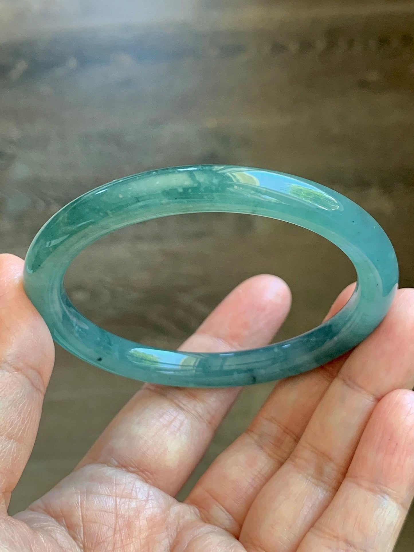Certified Natural Grade A Guatemalan Icy Translucent Teal Blue Jade Jadeite Bangle Bracelet 56.8mm 7” 32g 天然冰危蓝绿圆条翡翠手镯 212