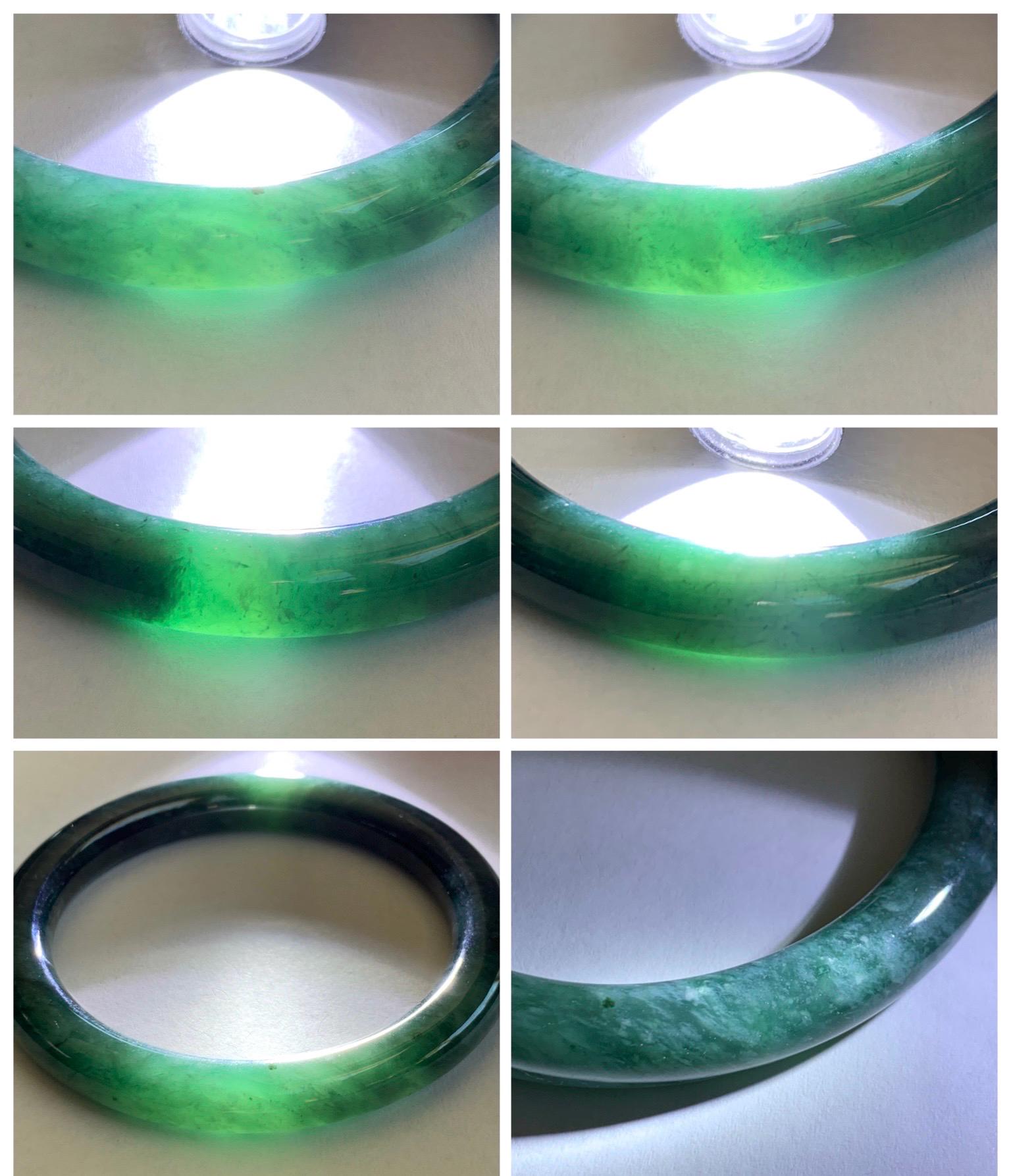 Certified Natural Grade A Guatemalan Icy Translucent Dusty Blue & Dark Green Marbled Jade Jadeite Bangle 56.6mm 7” 44g 天然冰危蓝绿飘花翡翠圆条手镯 216