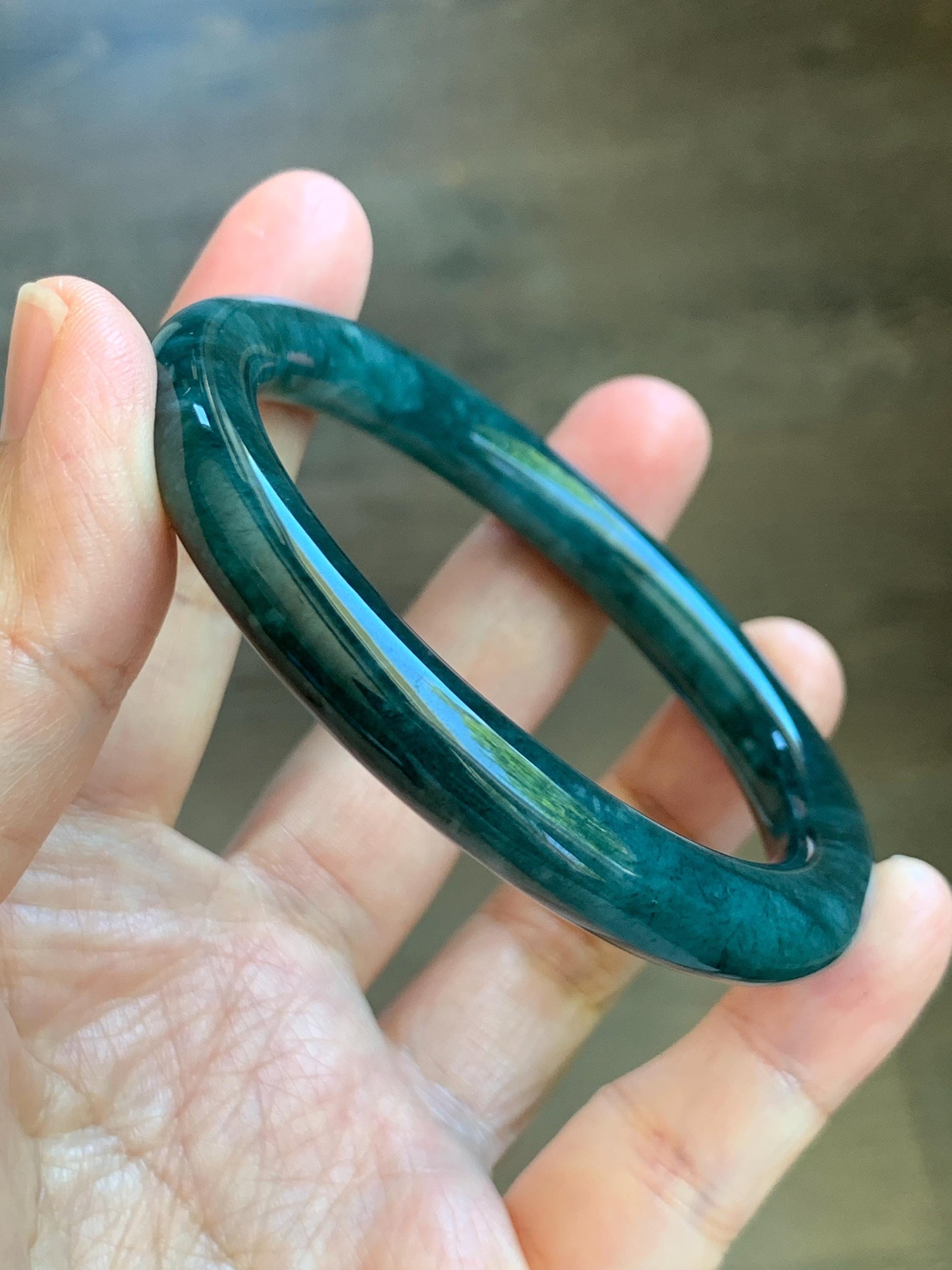 Certified Natural Grade A Guatemalan Icy Translucent Dusty Blue & Dark Green Marbled Jade Jadeite Bangle 56.6mm 7” 44g 天然冰危蓝绿飘花翡翠圆条手镯 216