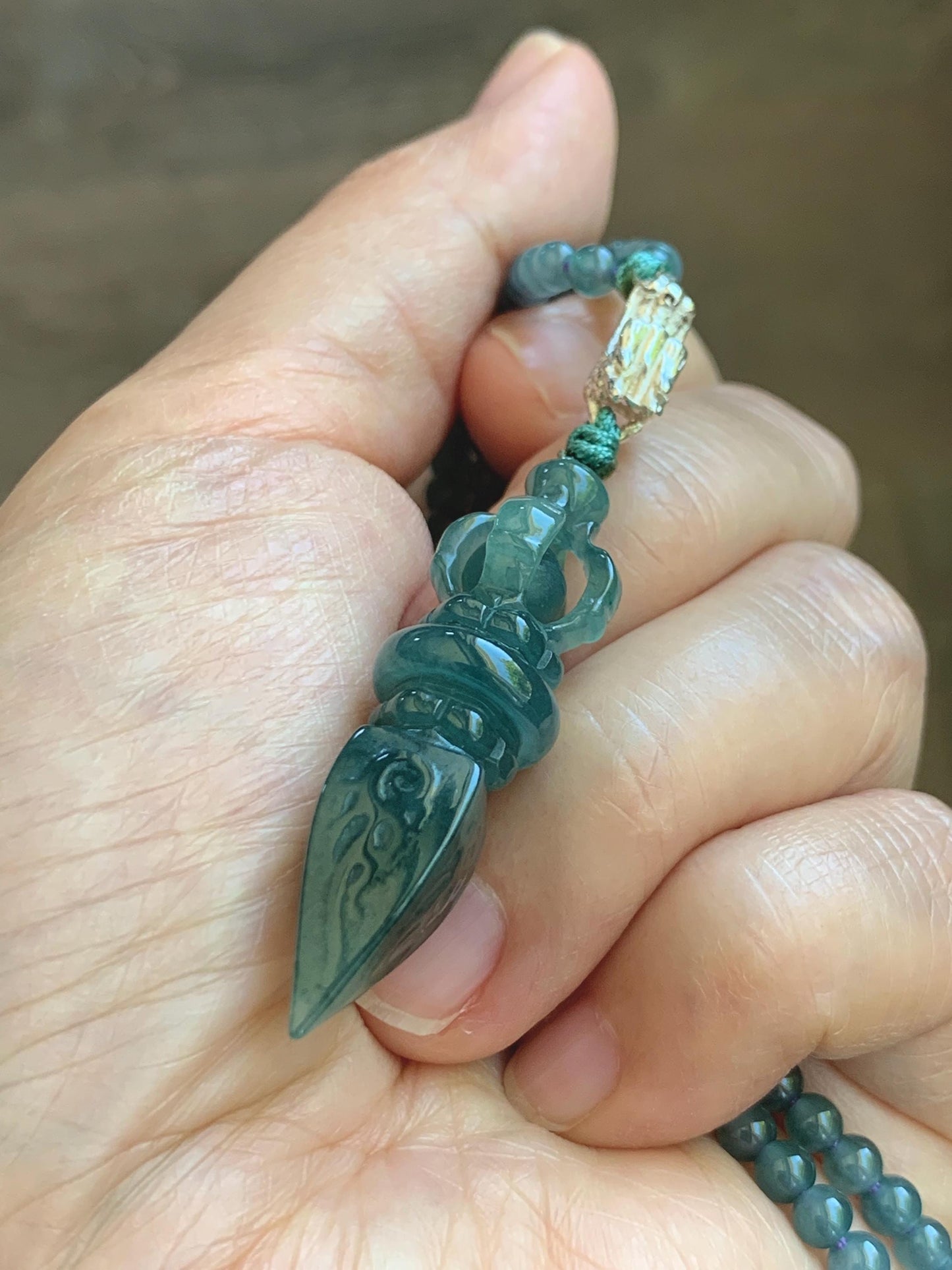 Natural Grade A Guatemalan Icy Translucent Dark Teal Blue Jade Jadeite Carved Vajra Pendant Beaded Necklace 23.25” 天然冰危蓝翡翠降魔杵吊坠珠链项链 WLX258