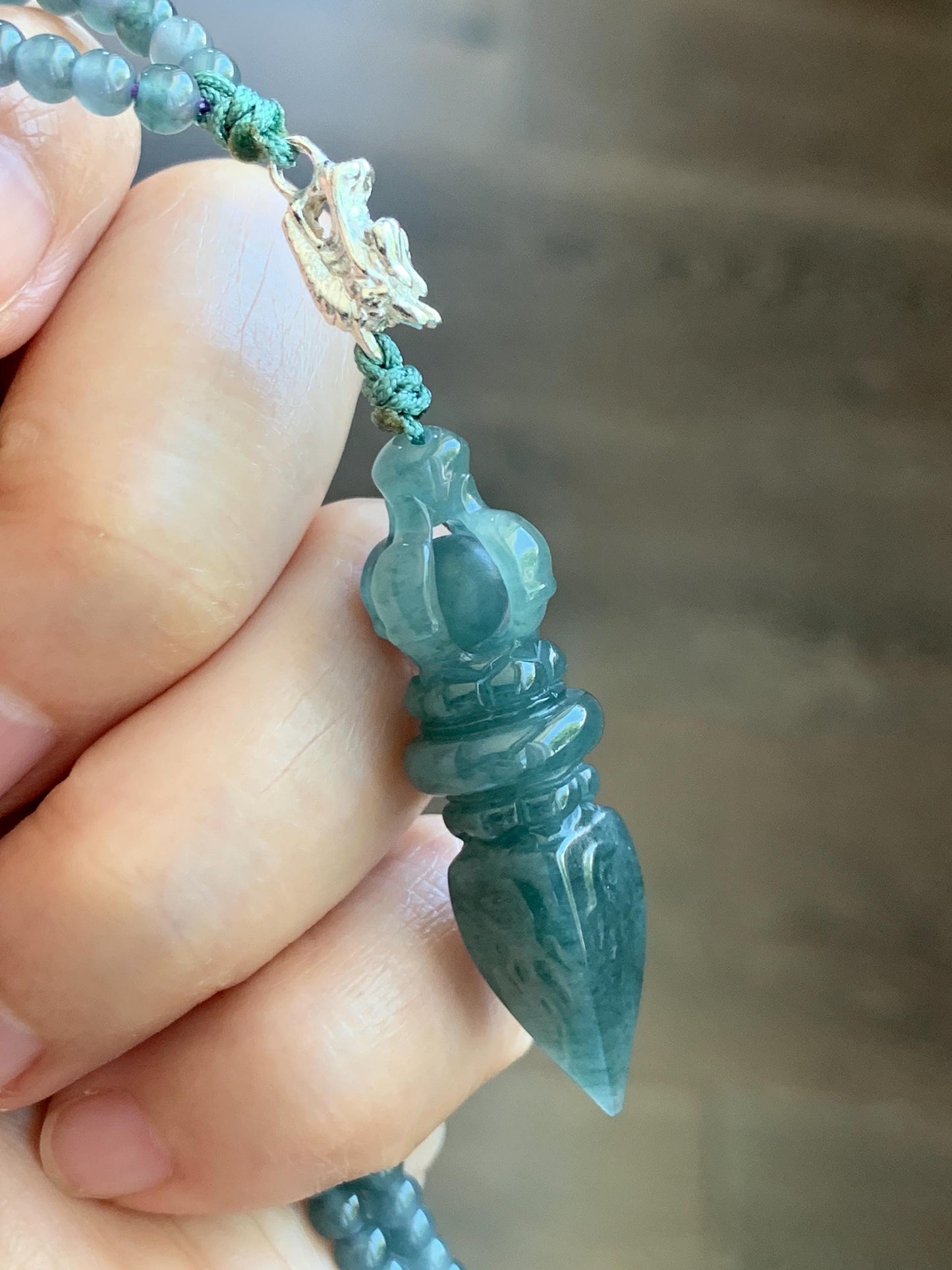 Natural Grade A Guatemalan Icy Translucent Dark Teal Blue Jade Jadeite Carved Vajra Pendant Beaded Necklace 23.25” 天然冰危蓝翡翠降魔杵吊坠珠链项链 WLX258