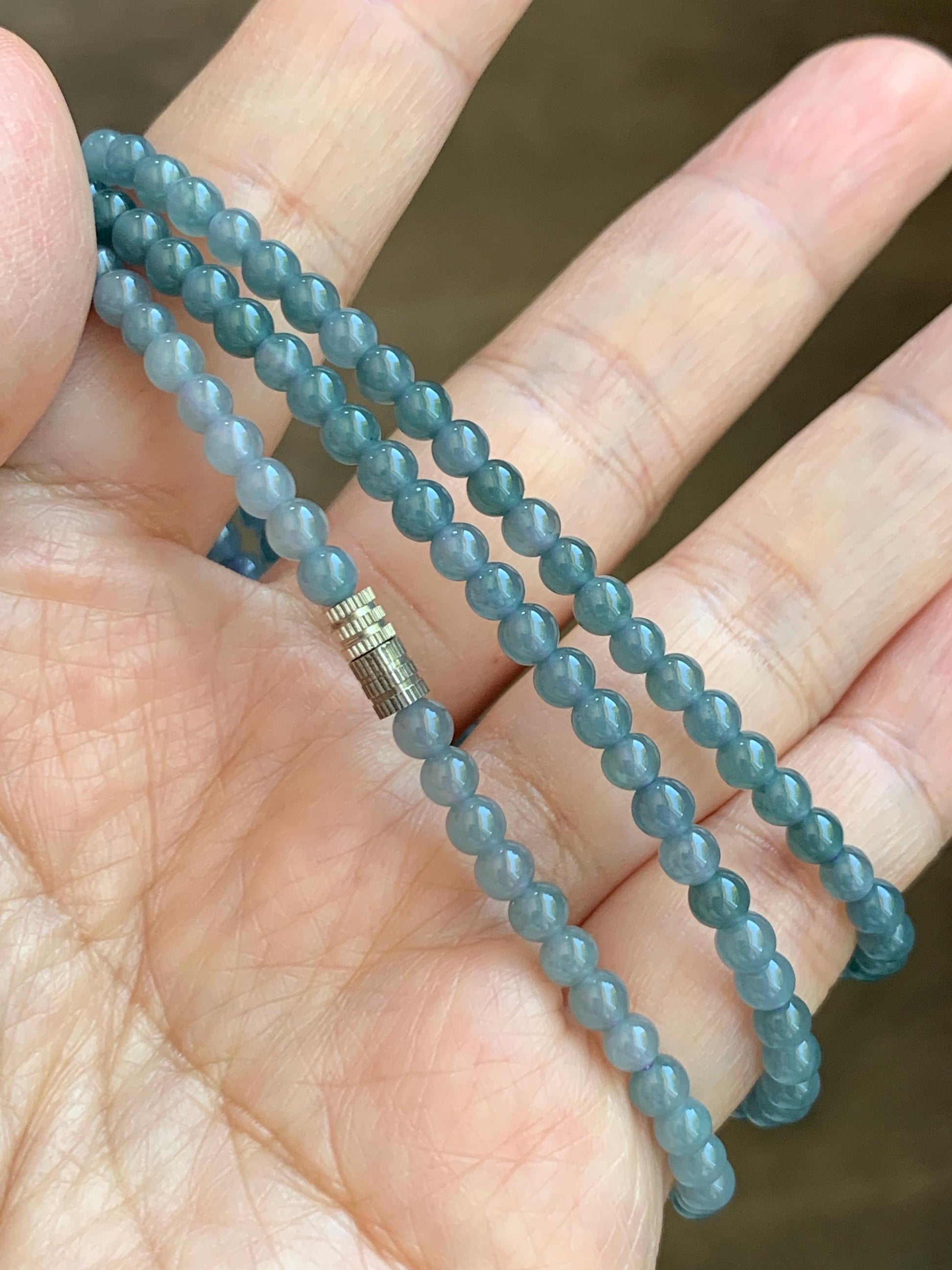 Natural Grade A Guatemalan Icy Translucent Dark Teal Blue Jade Jadeite Carved Vajra Pendant Beaded Necklace 23.25” 天然冰危蓝翡翠降魔杵吊坠珠链项链 WLX258