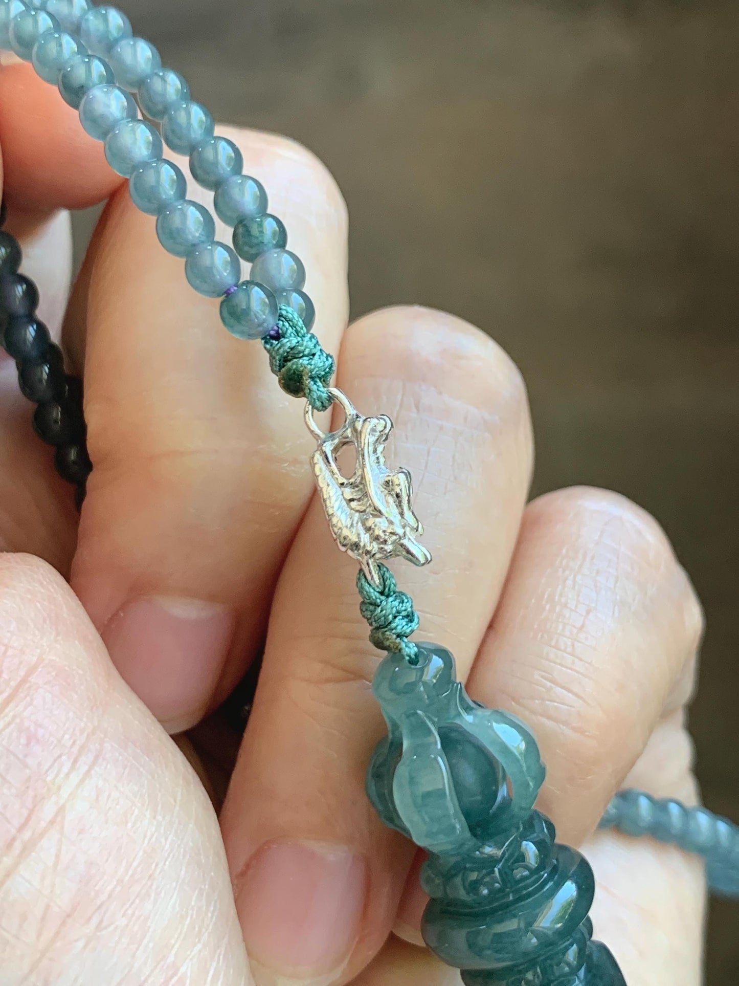 Natural Grade A Guatemalan Icy Translucent Dark Teal Blue Jade Jadeite Carved Vajra Pendant Beaded Necklace 23.25” 天然冰危蓝翡翠降魔杵吊坠珠链项链 WLX258