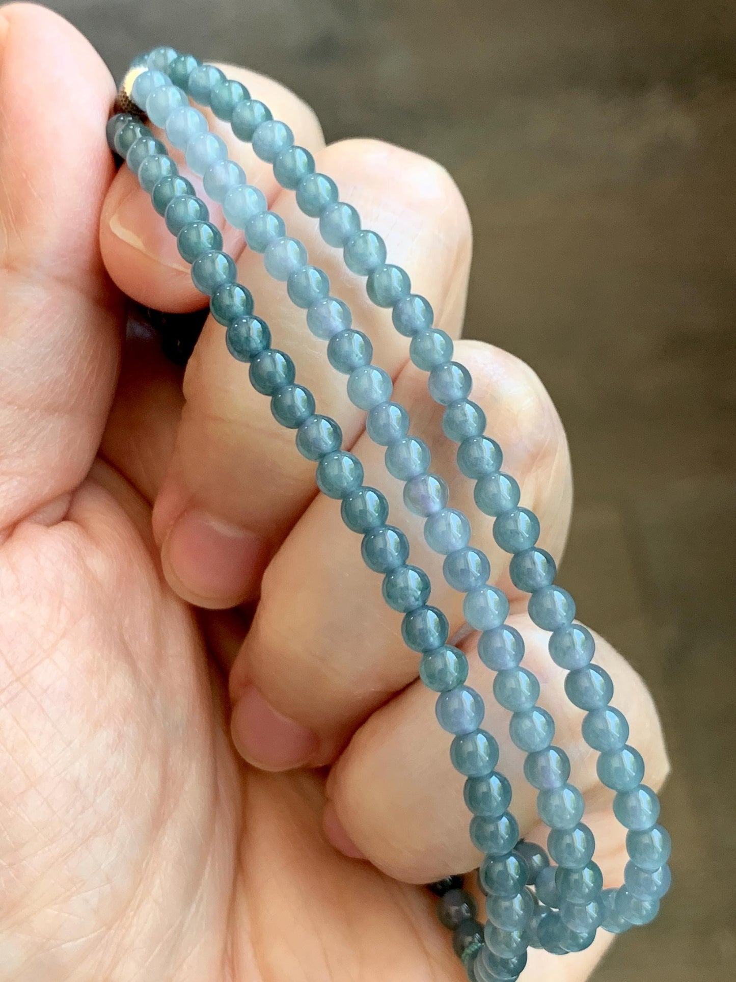 Natural Grade A Guatemalan Icy Translucent Dark Teal Blue Jade Jadeite Carved Vajra Pendant Beaded Necklace 23.25” 天然冰危蓝翡翠降魔杵吊坠珠链项链 WLX258