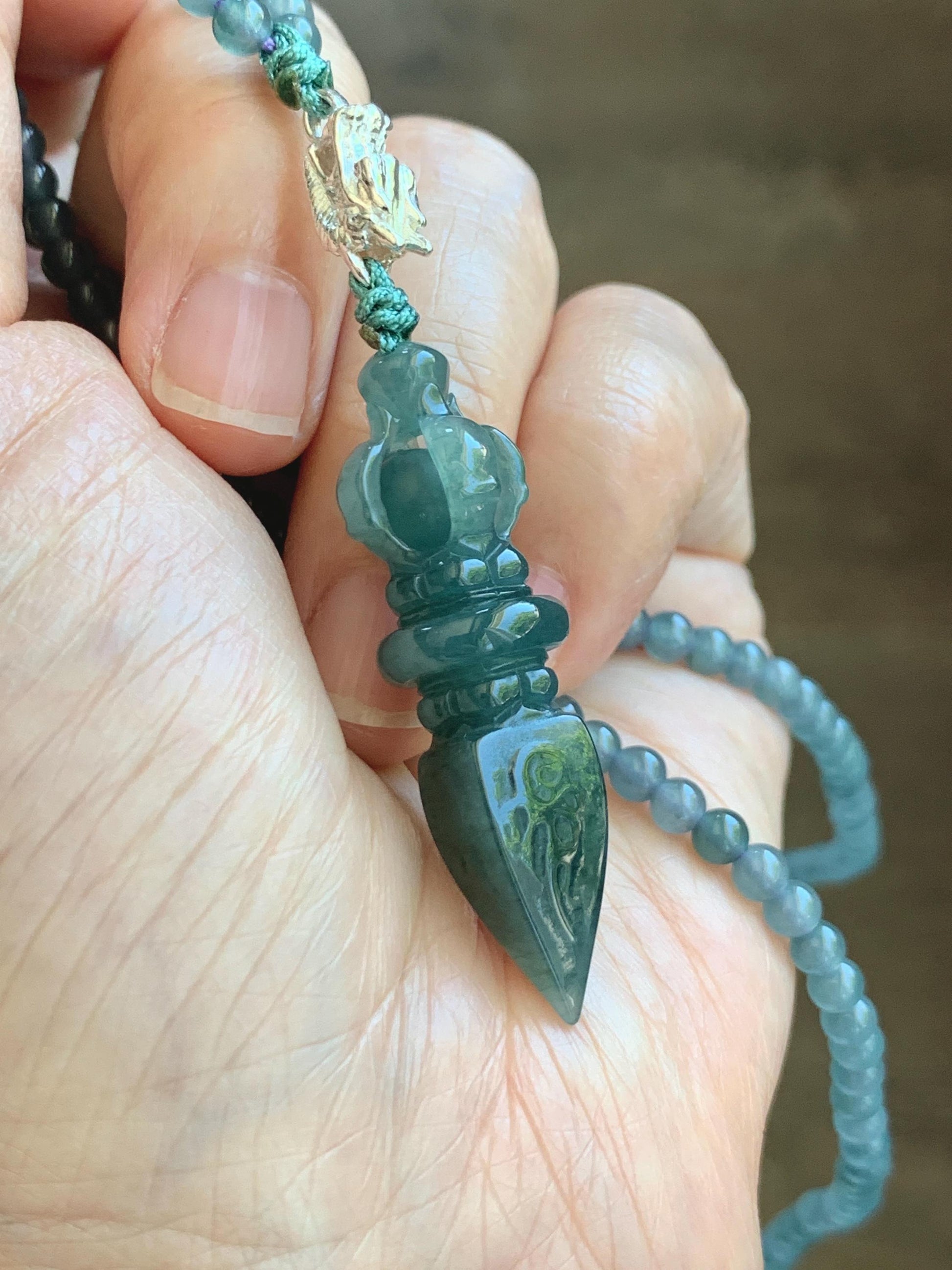 Natural Grade A Guatemalan Icy Translucent Dark Teal Blue Jade Jadeite Carved Vajra Pendant Beaded Necklace 23.25” 天然冰危蓝翡翠降魔杵吊坠珠链项链 WLX258