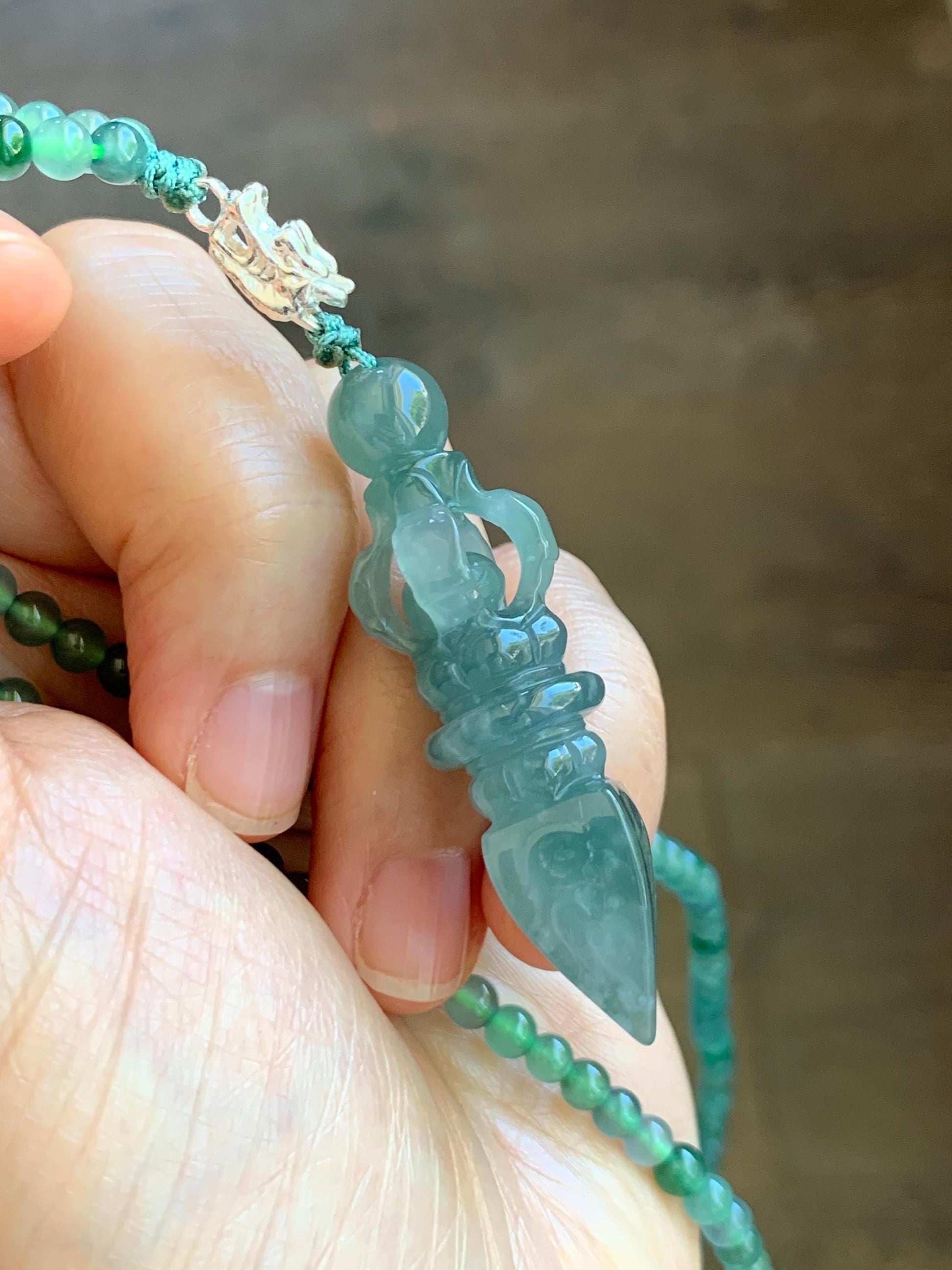 Natural Grade A Guatemalan Icy Translucent Dusty Teal Green Jade Jadeite Carved Vajra Pendant Beaded Necklace 21.5” 天然冰危蓝绿翡翠降魔杵吊坠珠链项链 WUX298