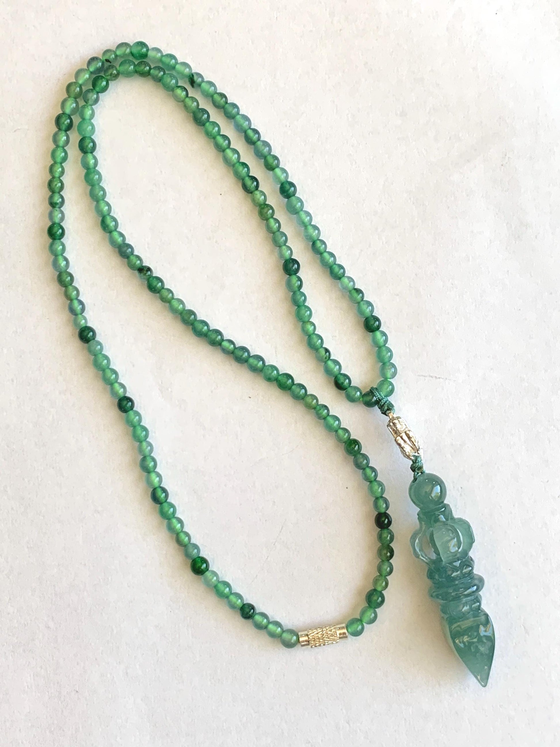 Natural Grade A Guatemalan Icy Translucent Dusty Teal Green Jade Jadeite Carved Vajra Pendant Beaded Necklace 21.5” 天然冰危蓝绿翡翠降魔杵吊坠珠链项链 WUX298