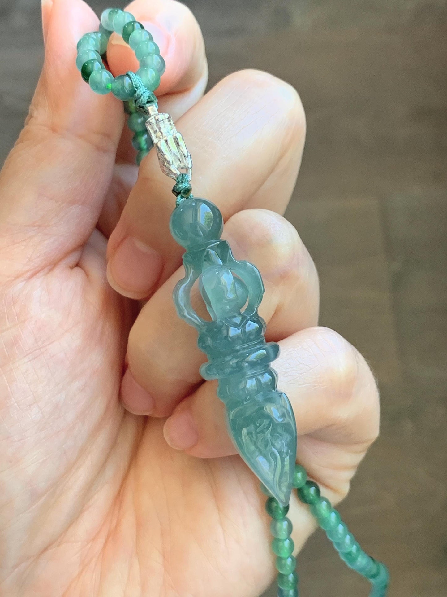 Natural Grade A Guatemalan Icy Translucent Dusty Teal Green Jade Jadeite Carved Vajra Pendant Beaded Necklace 21.5” 天然冰危蓝绿翡翠降魔杵吊坠珠链项链 WUX298