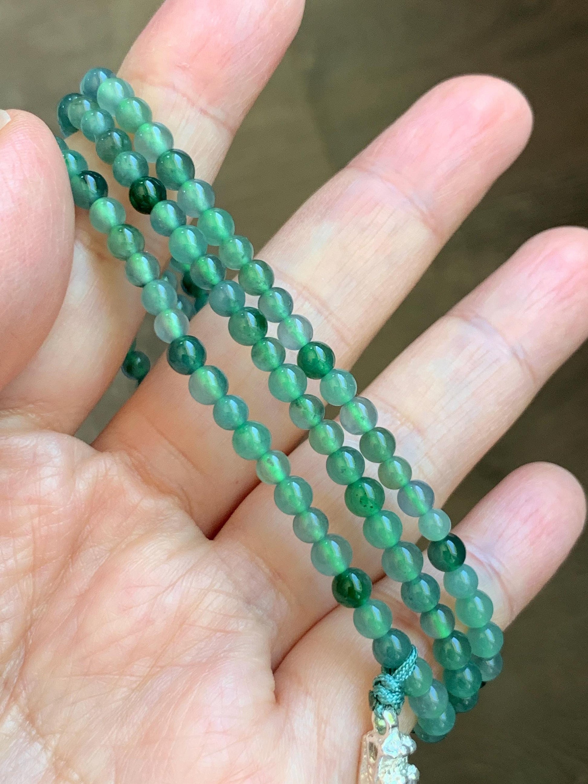 Natural Grade A Guatemalan Icy Translucent Dusty Teal Green Jade Jadeite Carved Vajra Pendant Beaded Necklace 21.5” 天然冰危蓝绿翡翠降魔杵吊坠珠链项链 WUX298