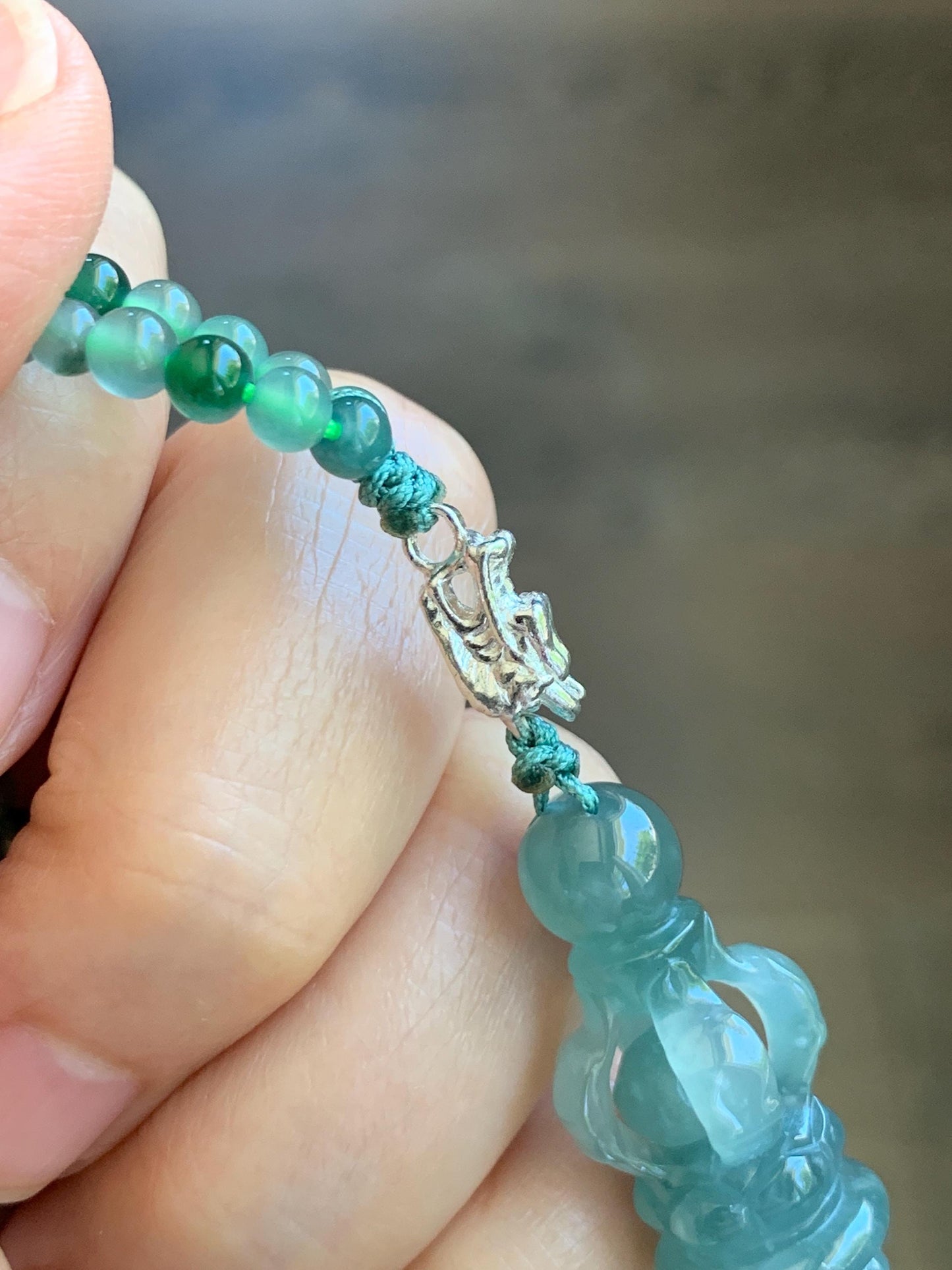 Natural Grade A Guatemalan Icy Translucent Dusty Teal Green Jade Jadeite Carved Vajra Pendant Beaded Necklace 21.5” 天然冰危蓝绿翡翠降魔杵吊坠珠链项链 WUX298