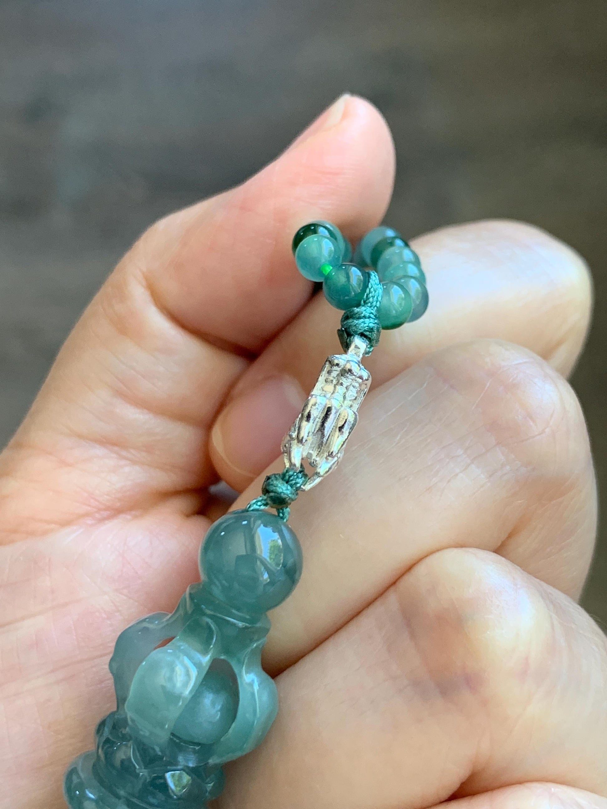 Natural Grade A Guatemalan Icy Translucent Dusty Teal Green Jade Jadeite Carved Vajra Pendant Beaded Necklace 21.5” 天然冰危蓝绿翡翠降魔杵吊坠珠链项链 WUX298