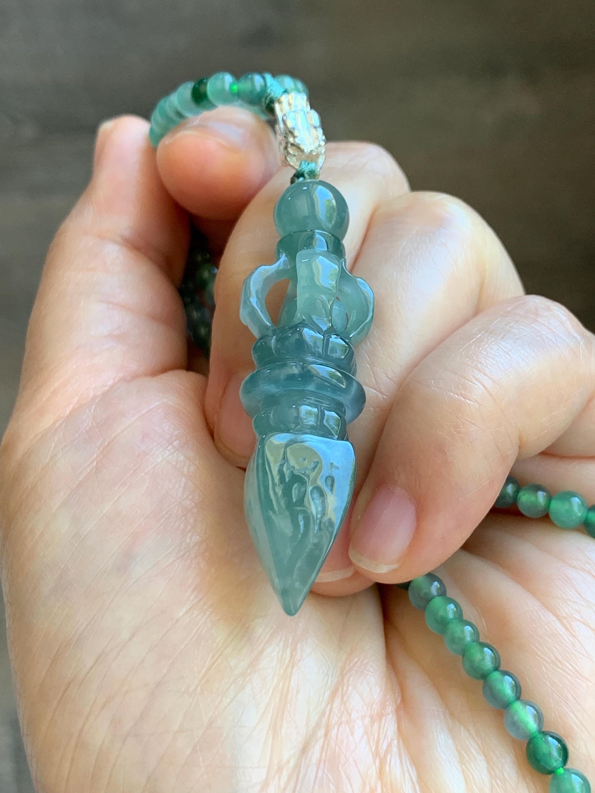 Natural Grade A Guatemalan Icy Translucent Dusty Teal Green Jade Jadeite Carved Vajra Pendant Beaded Necklace 21.5” 天然冰危蓝绿翡翠降魔杵吊坠珠链项链 WUX298
