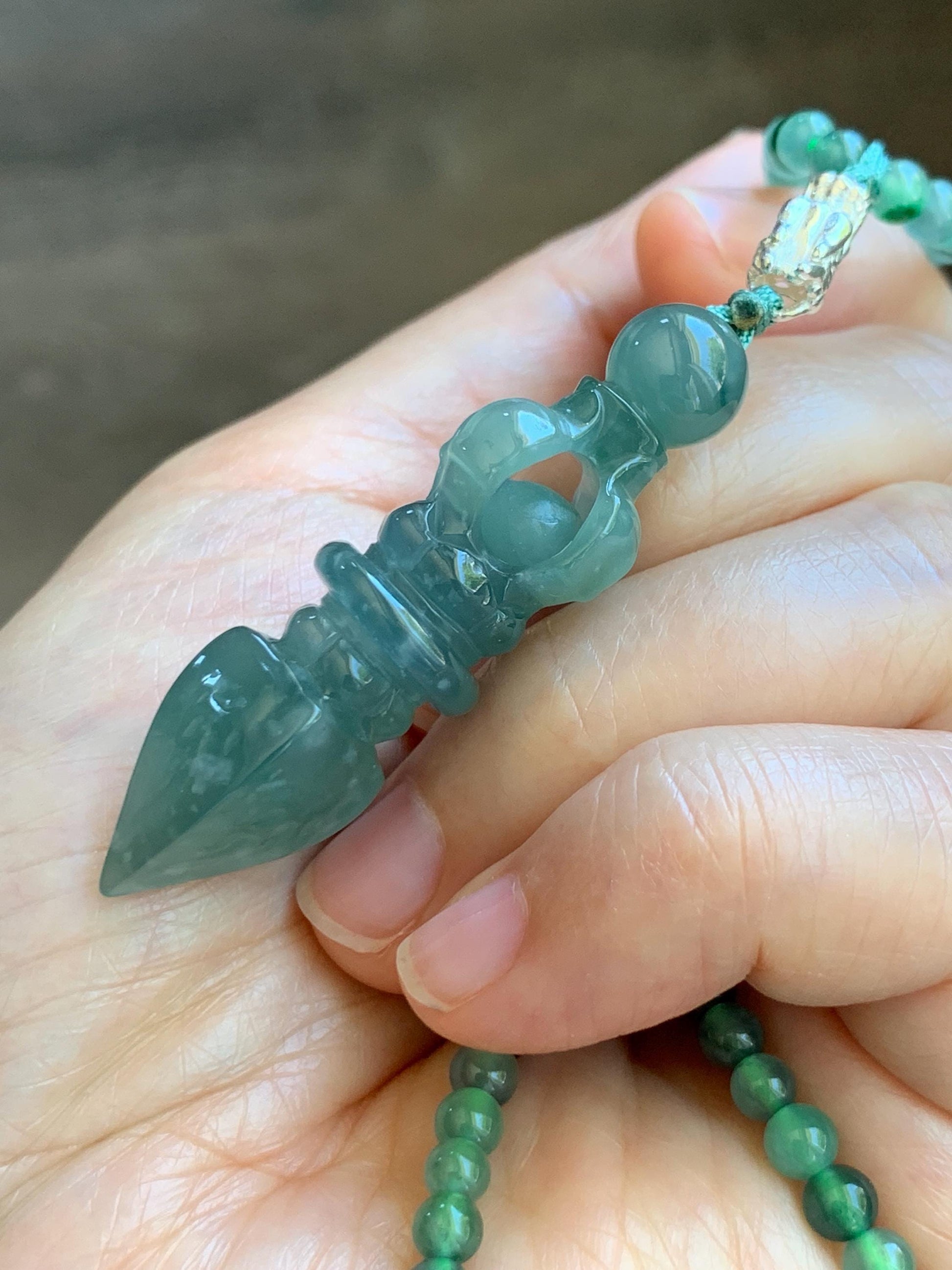Natural Grade A Guatemalan Icy Translucent Dusty Teal Green Jade Jadeite Carved Vajra Pendant Beaded Necklace 21.5” 天然冰危蓝绿翡翠降魔杵吊坠珠链项链 WUX298