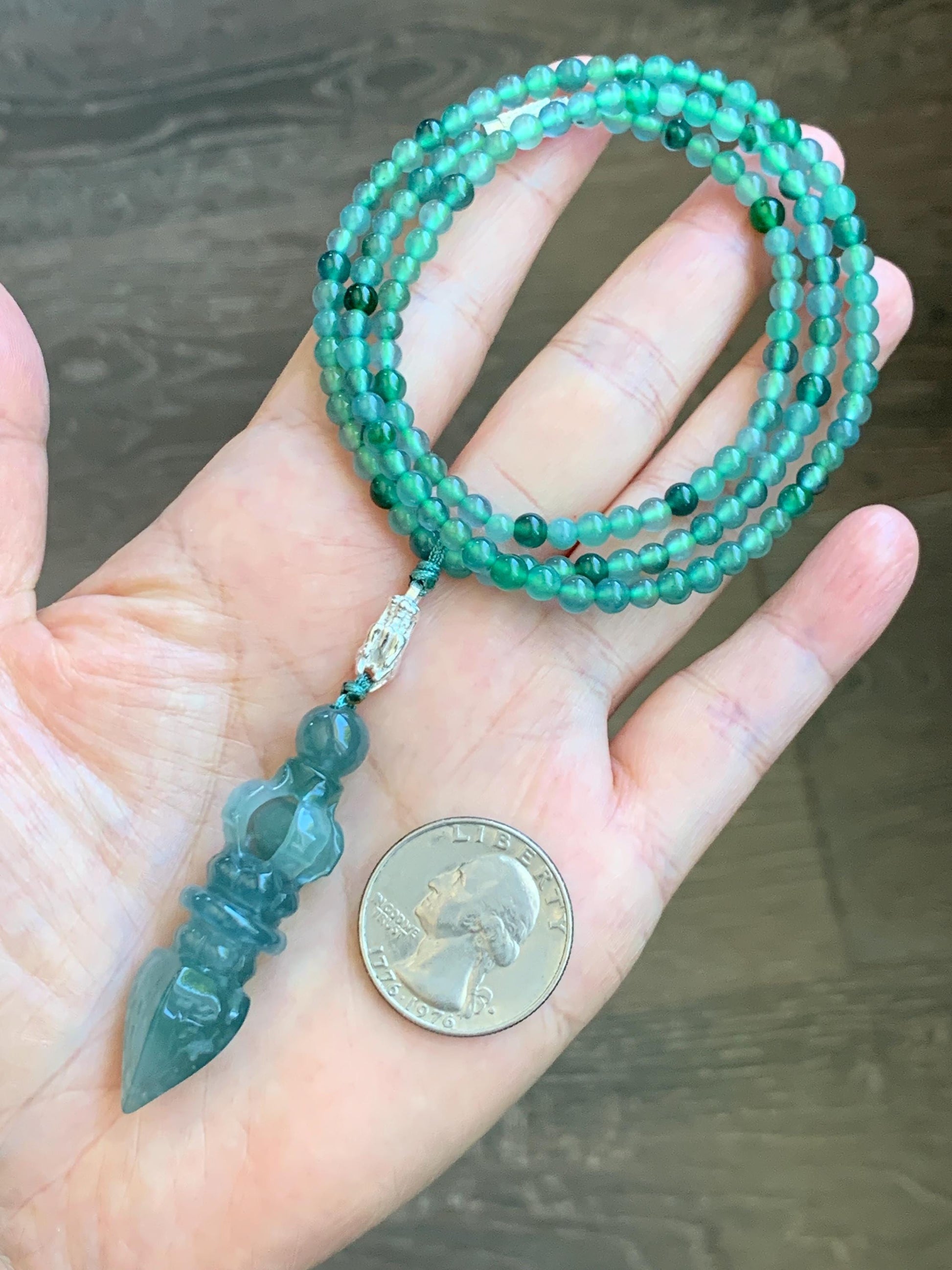 Natural Grade A Guatemalan Icy Translucent Dusty Teal Green Jade Jadeite Carved Vajra Pendant Beaded Necklace 21.5” 天然冰危蓝绿翡翠降魔杵吊坠珠链项链 WUX298