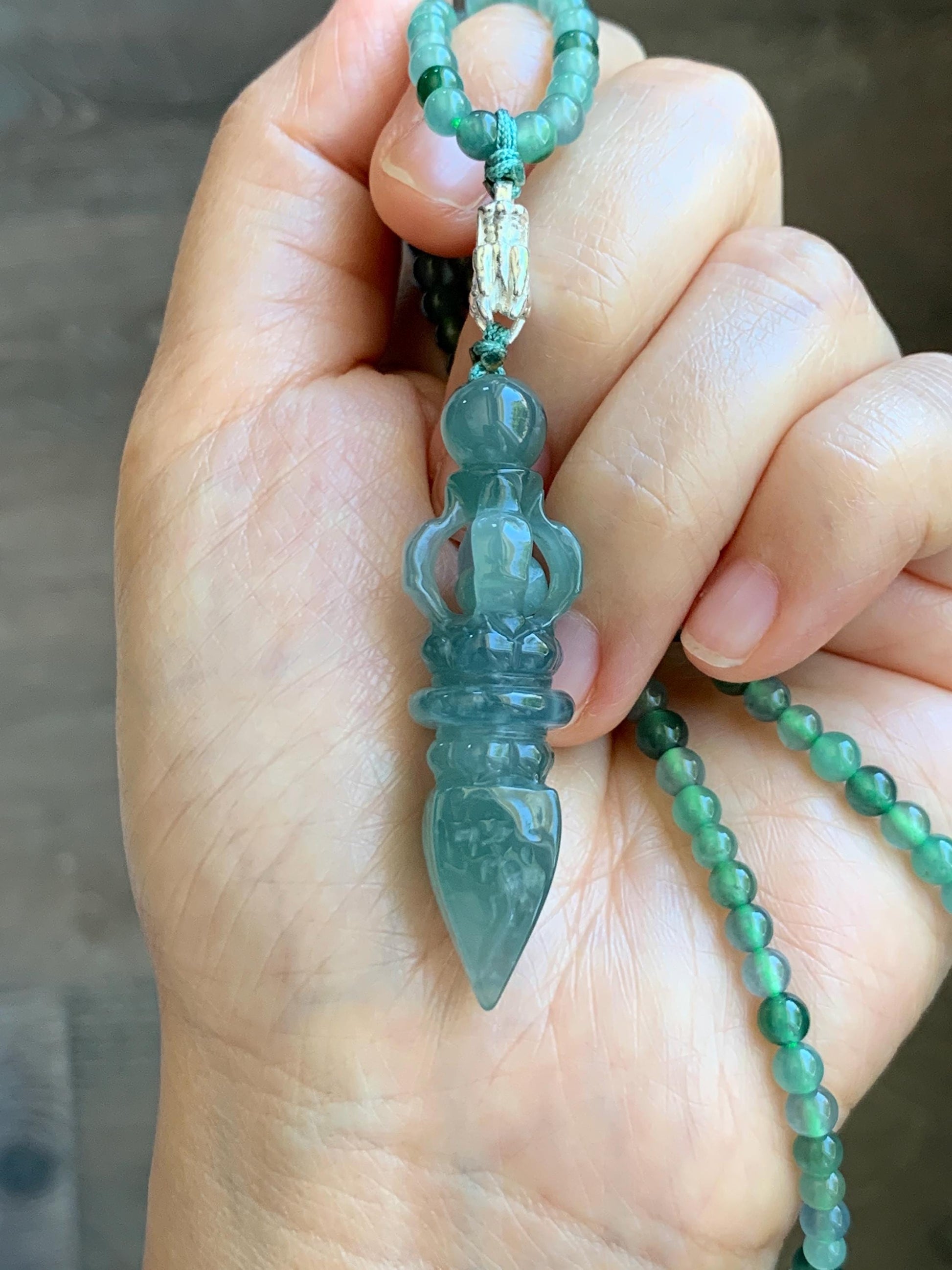 Natural Grade A Guatemalan Icy Translucent Dusty Teal Green Jade Jadeite Carved Vajra Pendant Beaded Necklace 21.5” 天然冰危蓝绿翡翠降魔杵吊坠珠链项链 WUX298