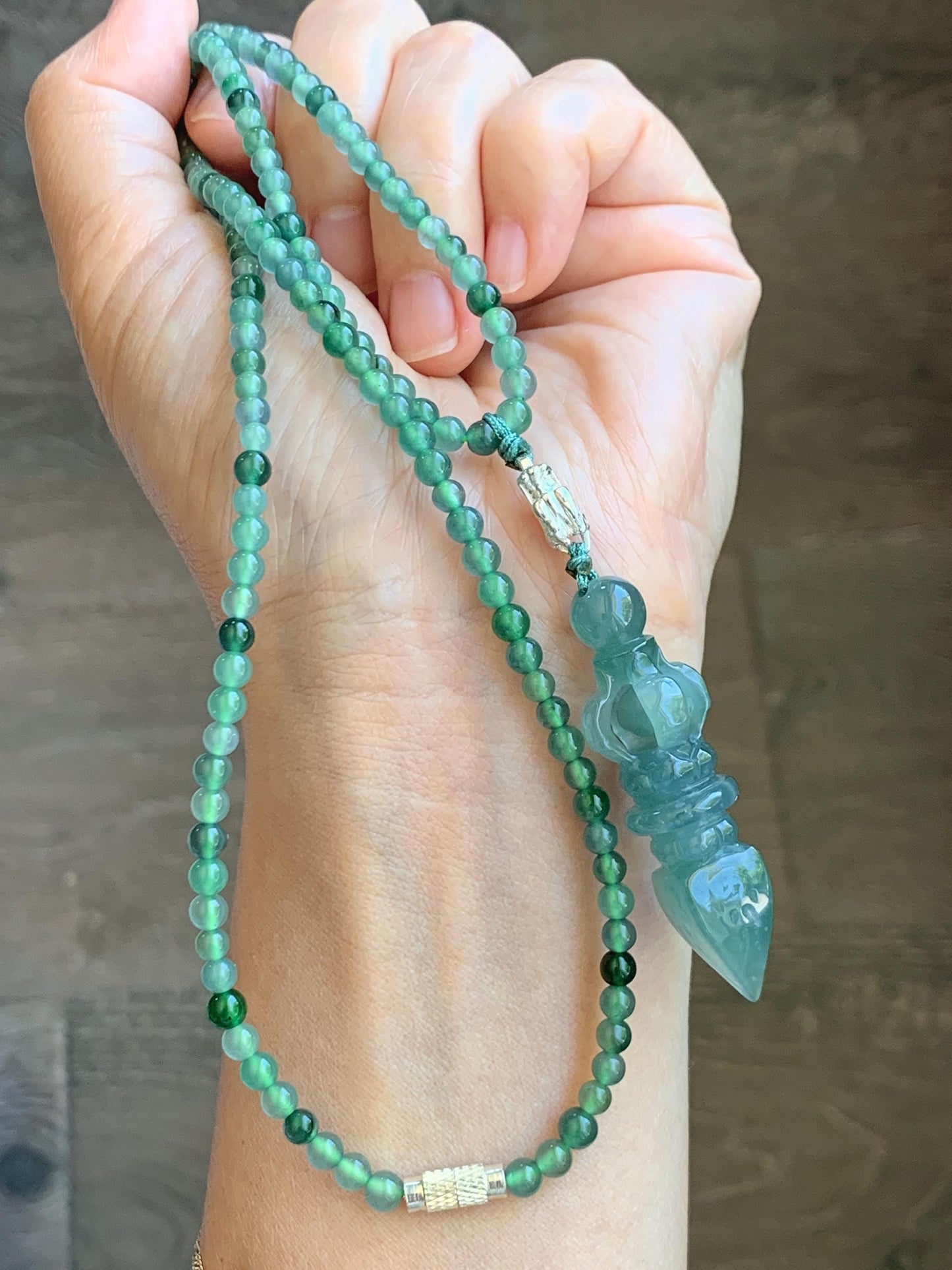 Natural Grade A Guatemalan Icy Translucent Dusty Teal Green Jade Jadeite Carved Vajra Pendant Beaded Necklace 21.5” 天然冰危蓝绿翡翠降魔杵吊坠珠链项链 WUX298