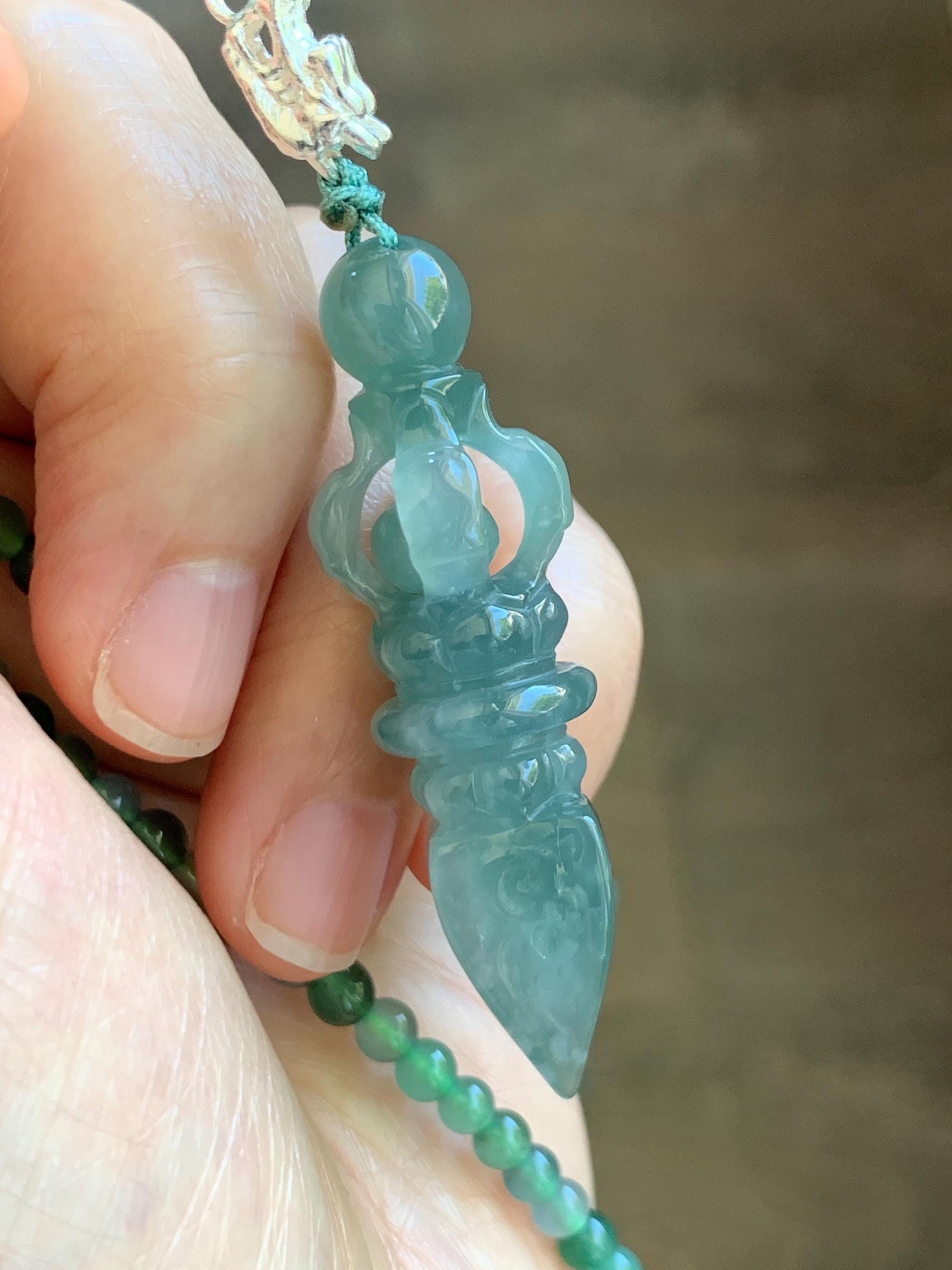Natural Grade A Guatemalan Icy Translucent Dusty Teal Green Jade Jadeite Carved Vajra Pendant Beaded Necklace 21.5” 天然冰危蓝绿翡翠降魔杵吊坠珠链项链 WUX298