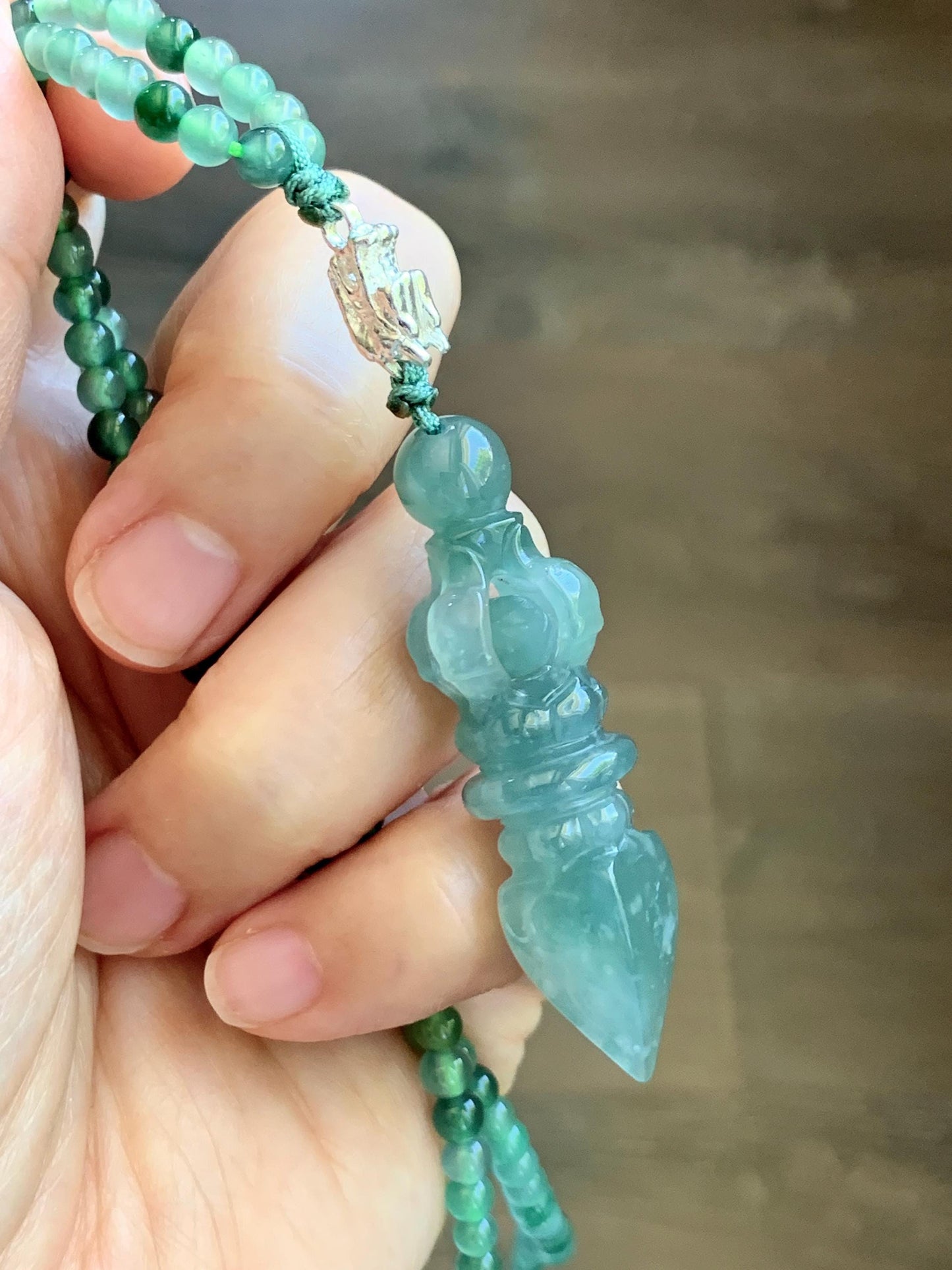 Natural Grade A Guatemalan Icy Translucent Dusty Teal Green Jade Jadeite Carved Vajra Pendant Beaded Necklace 21.5” 天然冰危蓝绿翡翠降魔杵吊坠珠链项链 WUX298