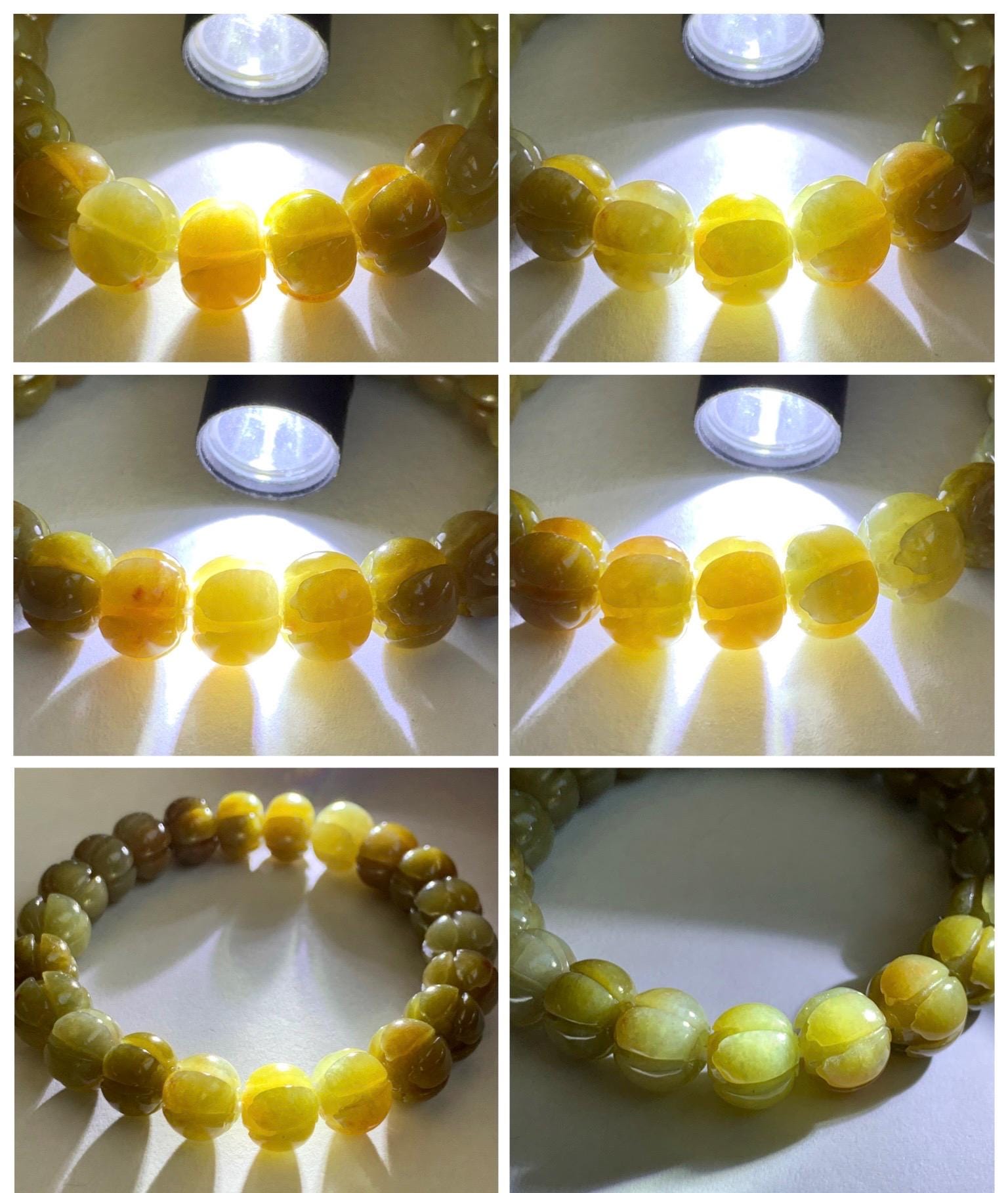 Certified Natural Grade A Icy Translucent Deep Yellow Jade Jadeite Carved Lotus Flower Beads Beaded Bracelet 7” 32.33g 天然冰胶满黄翡翠莲花珠手串 1104