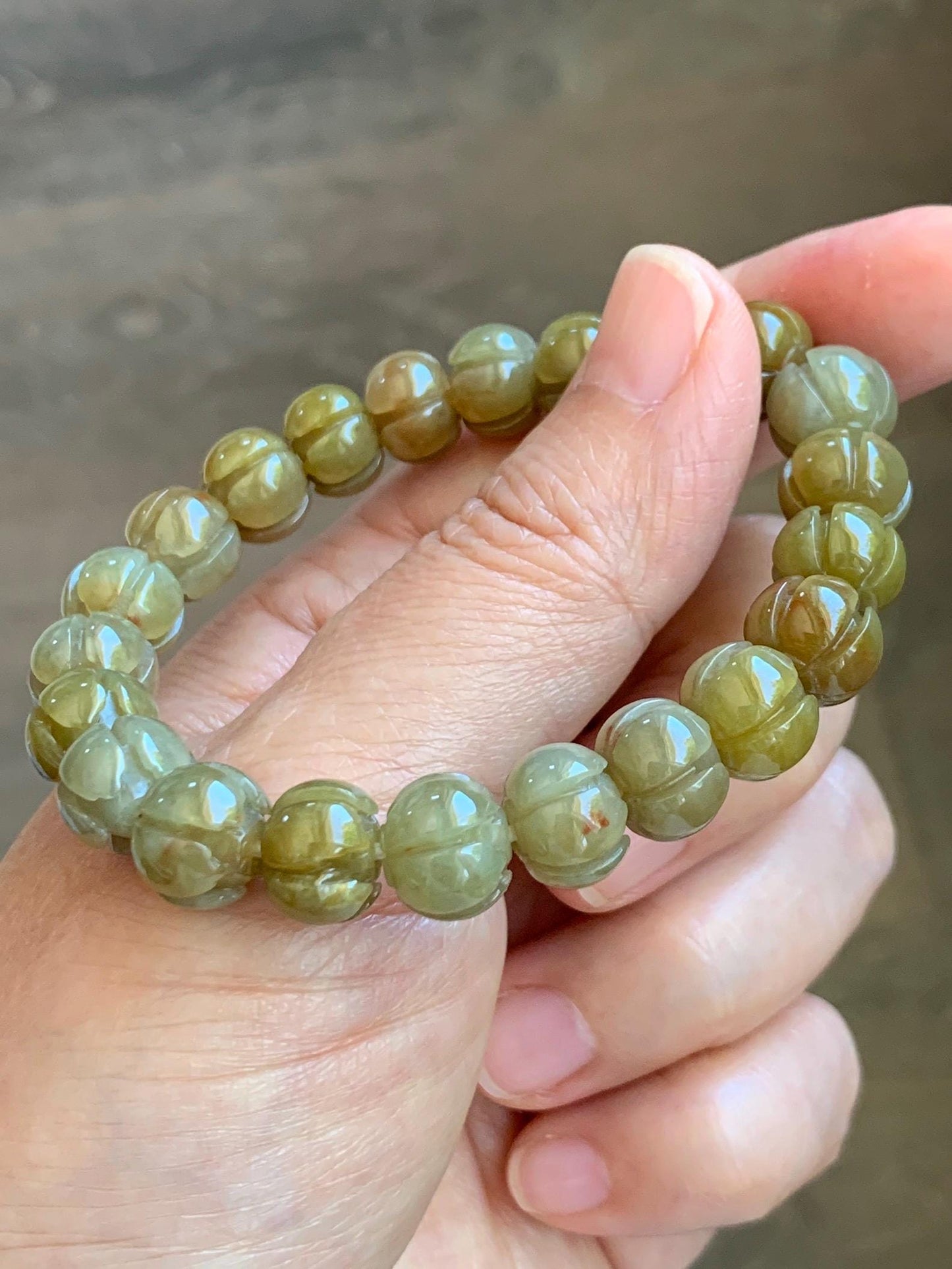 Certified Natural Grade A Icy Translucent Deep Yellow Jade Jadeite Carved Lotus Flower Beads Beaded Bracelet 7” 32.33g 天然冰胶满黄翡翠莲花珠手串 1104