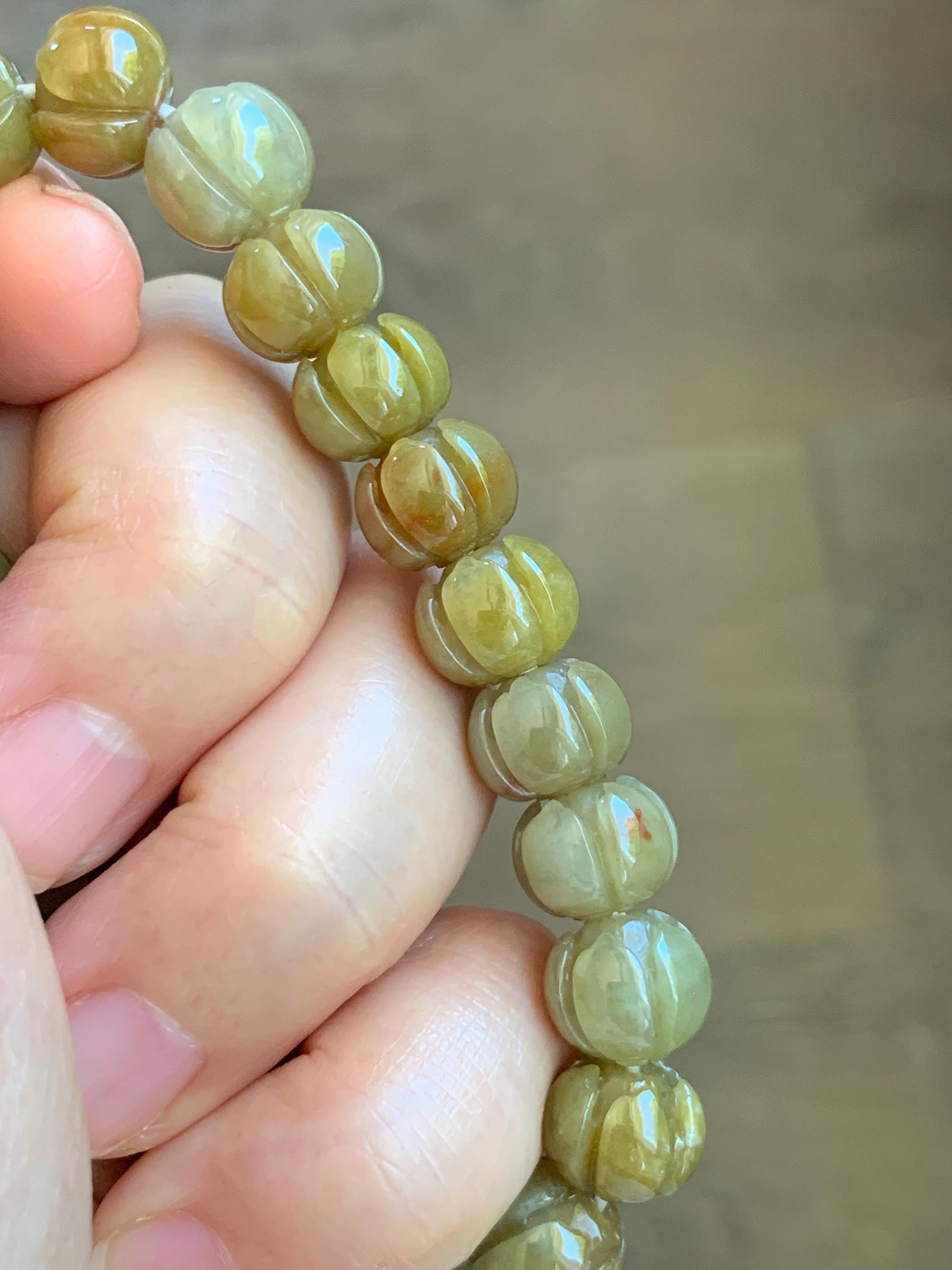 Certified Natural Grade A Icy Translucent Deep Yellow Jade Jadeite Carved Lotus Flower Beads Beaded Bracelet 7” 32.33g 天然冰胶满黄翡翠莲花珠手串 1104