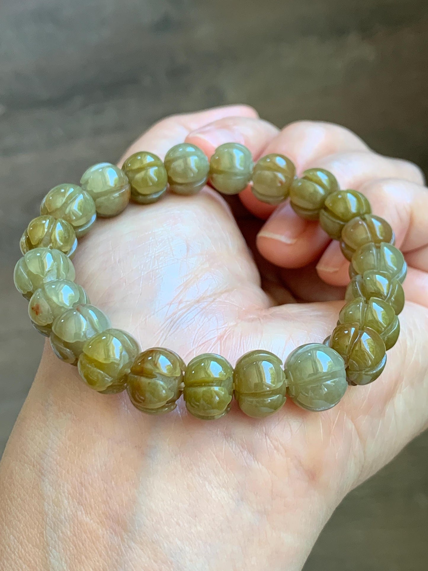 Certified Natural Grade A Icy Translucent Deep Yellow Jade Jadeite Carved Lotus Flower Beads Beaded Bracelet 7” 32.33g 天然冰胶满黄翡翠莲花珠手串 1104