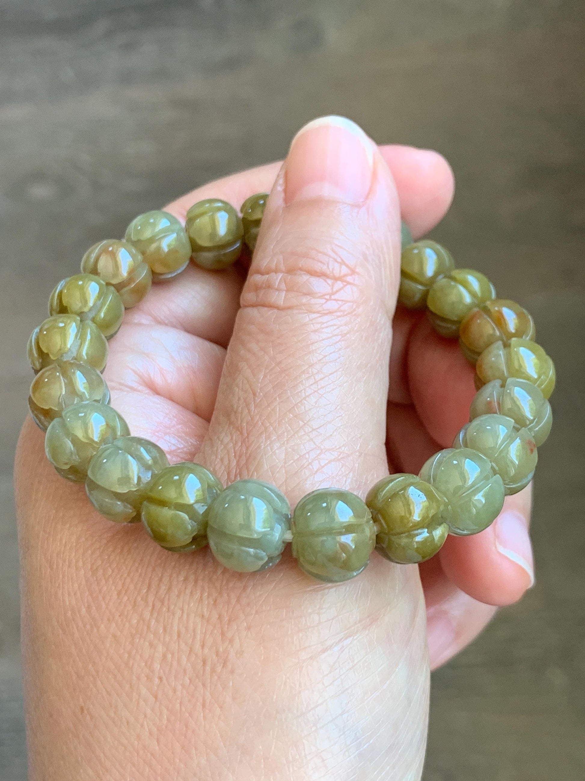 Certified Natural Grade A Icy Translucent Deep Yellow Jade Jadeite Carved Lotus Flower Beads Beaded Bracelet 7” 32.33g 天然冰胶满黄翡翠莲花珠手串 1104