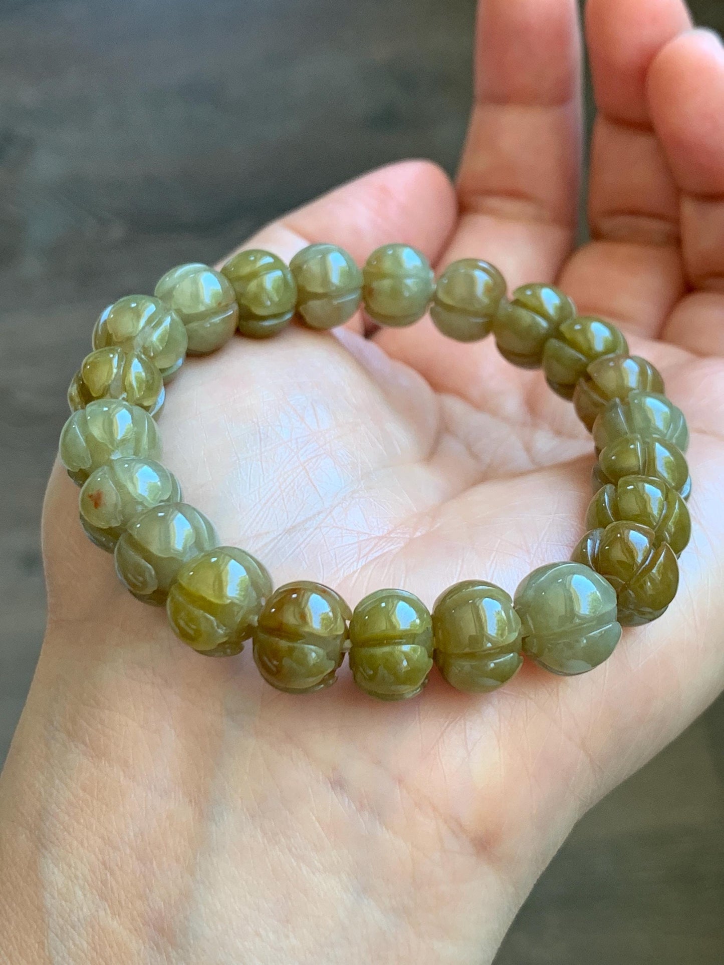 Certified Natural Grade A Icy Translucent Deep Yellow Jade Jadeite Carved Lotus Flower Beads Beaded Bracelet 7” 32.33g 天然冰胶满黄翡翠莲花珠手串 1104