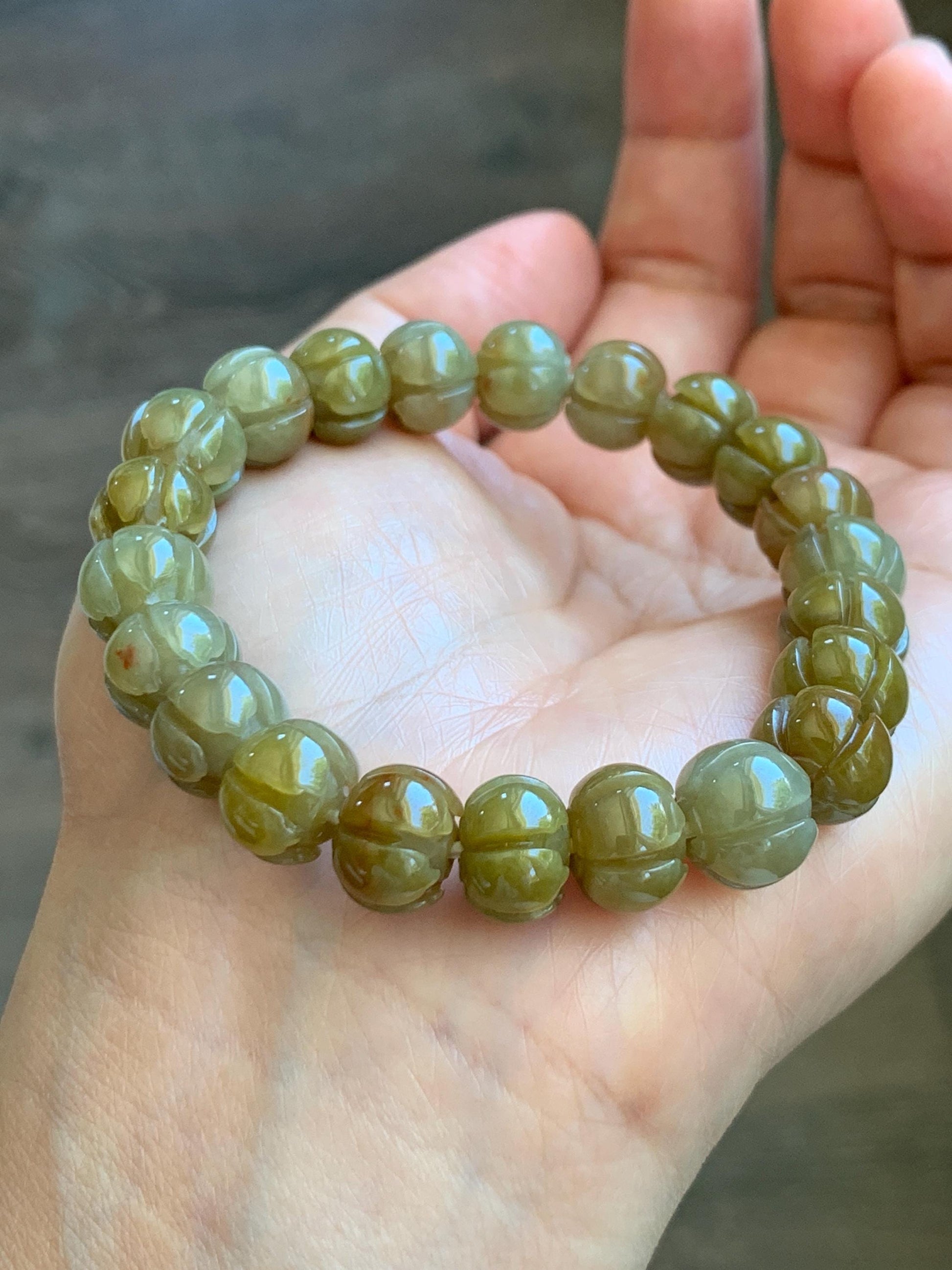 Certified Natural Grade A Icy Translucent Deep Yellow Jade Jadeite Carved Lotus Flower Beads Beaded Bracelet 7” 32.33g 天然冰胶满黄翡翠莲花珠手串 1104