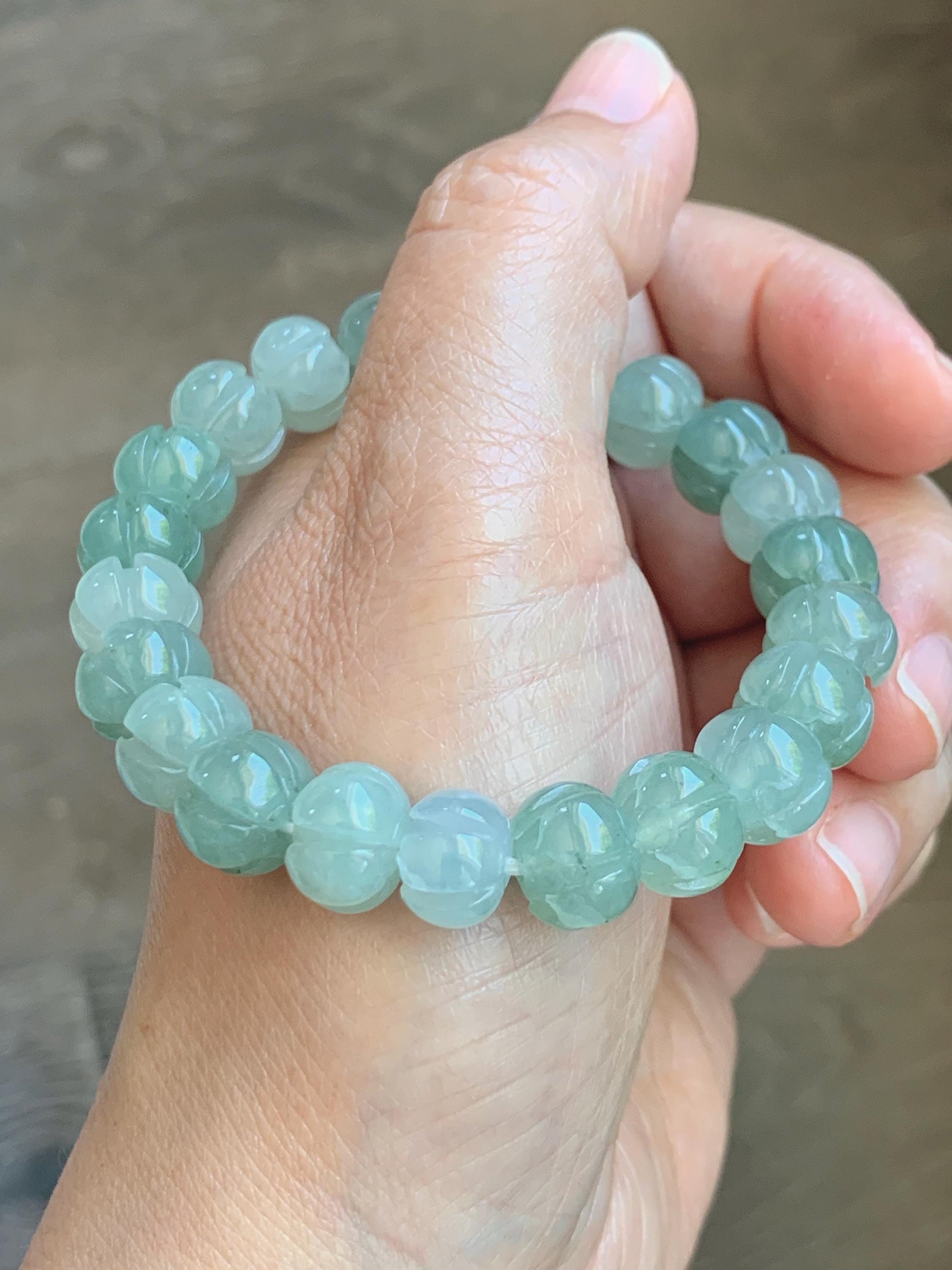 Certified Natural Grade A Icy Translucent Light Green Jade Jadeite Carved Lotus Flower Beads Beaded Bracelet 7” 34.47g 天然冰胶晴色翡翠莲花珠手串 1105