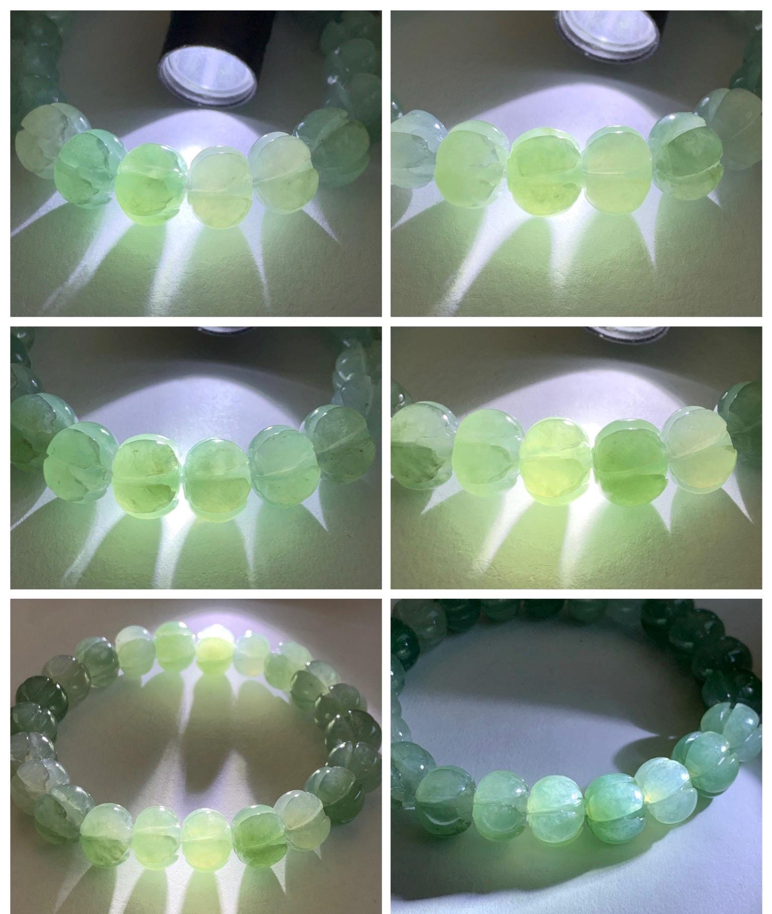 Certified Natural Grade A Icy Translucent Light Green Jade Jadeite Carved Lotus Flower Beads Beaded Bracelet 7” 34.47g 天然冰胶晴色翡翠莲花珠手串 1105