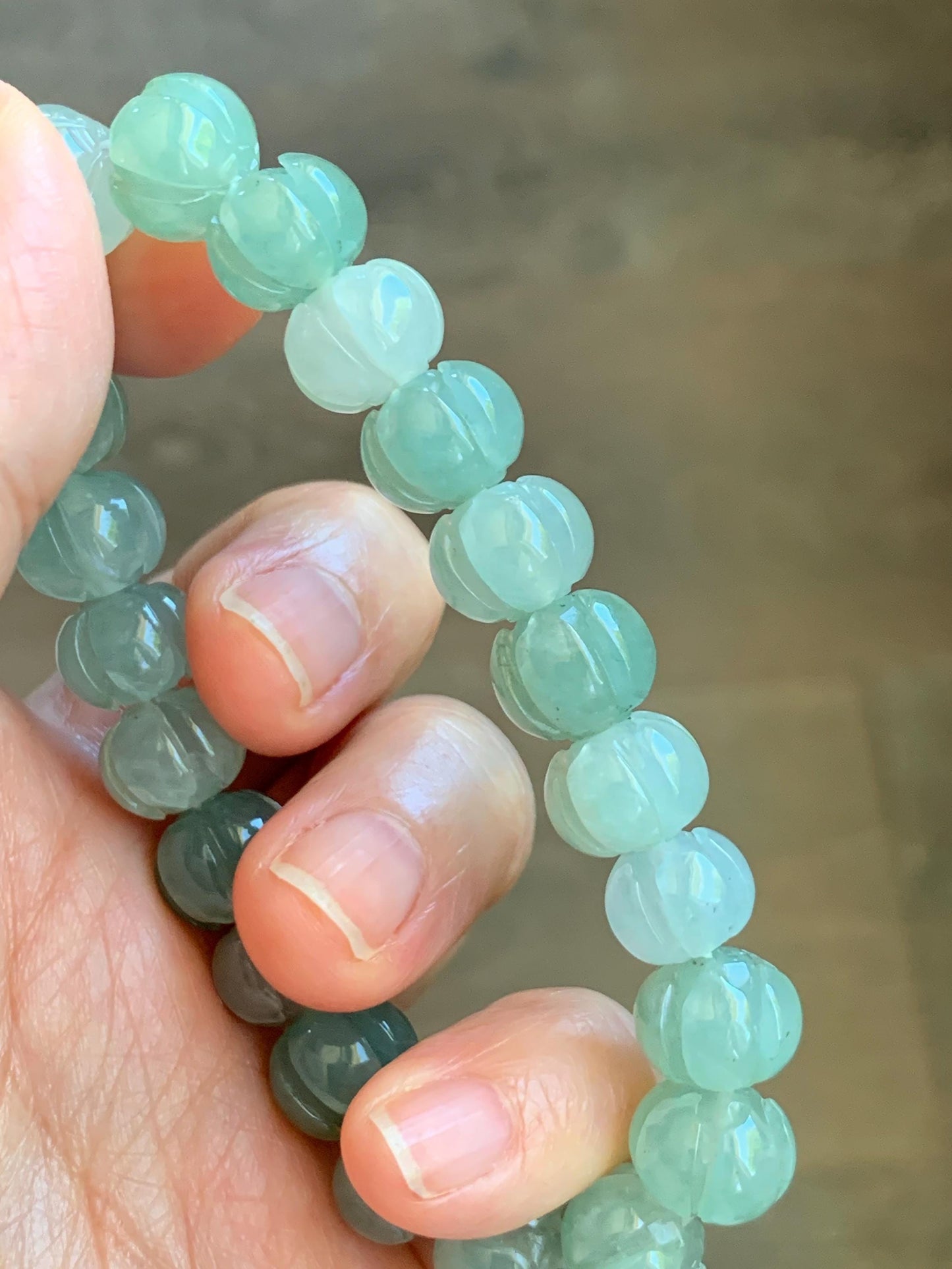 Certified Natural Grade A Icy Translucent Light Green Jade Jadeite Carved Lotus Flower Beads Beaded Bracelet 7” 34.47g 天然冰胶晴色翡翠莲花珠手串 1105
