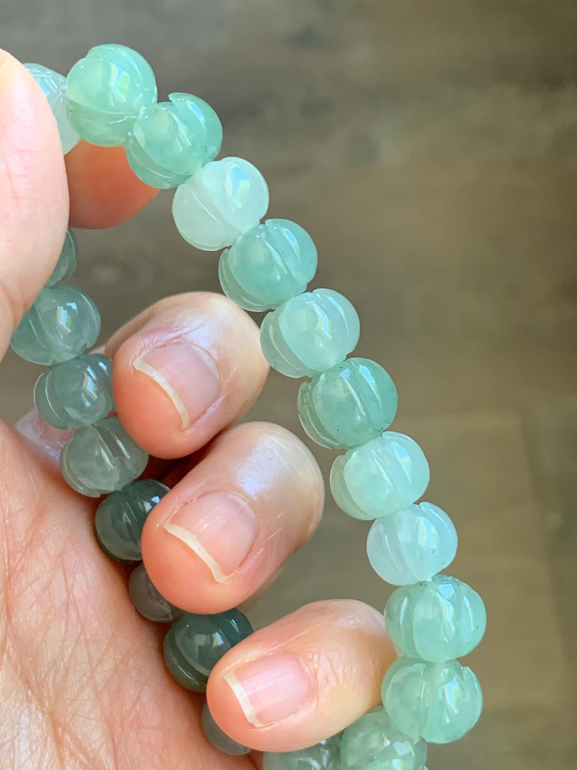 Certified Natural Grade A Icy Translucent Light Green Jade Jadeite Carved Lotus Flower Beads Beaded Bracelet 7” 34.47g 天然冰胶晴色翡翠莲花珠手串 1105