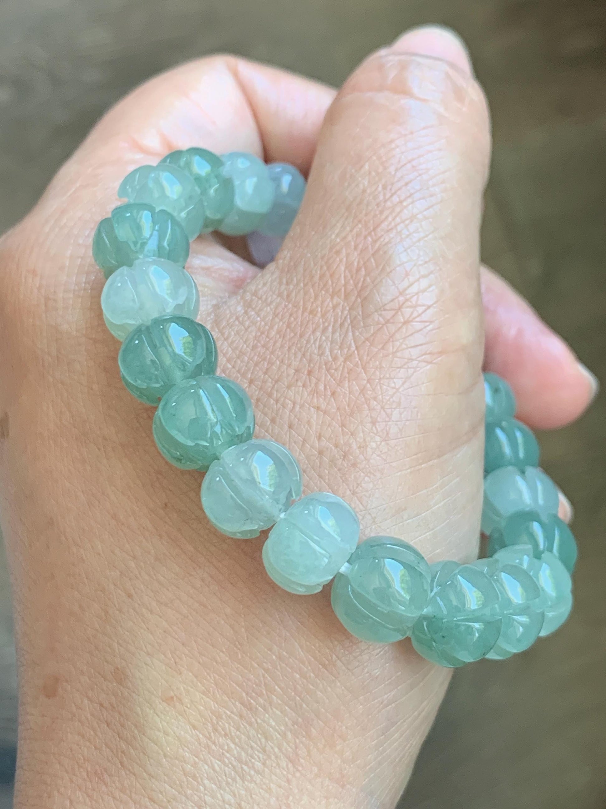 Certified Natural Grade A Icy Translucent Light Green Jade Jadeite Carved Lotus Flower Beads Beaded Bracelet 7” 34.47g 天然冰胶晴色翡翠莲花珠手串 1105