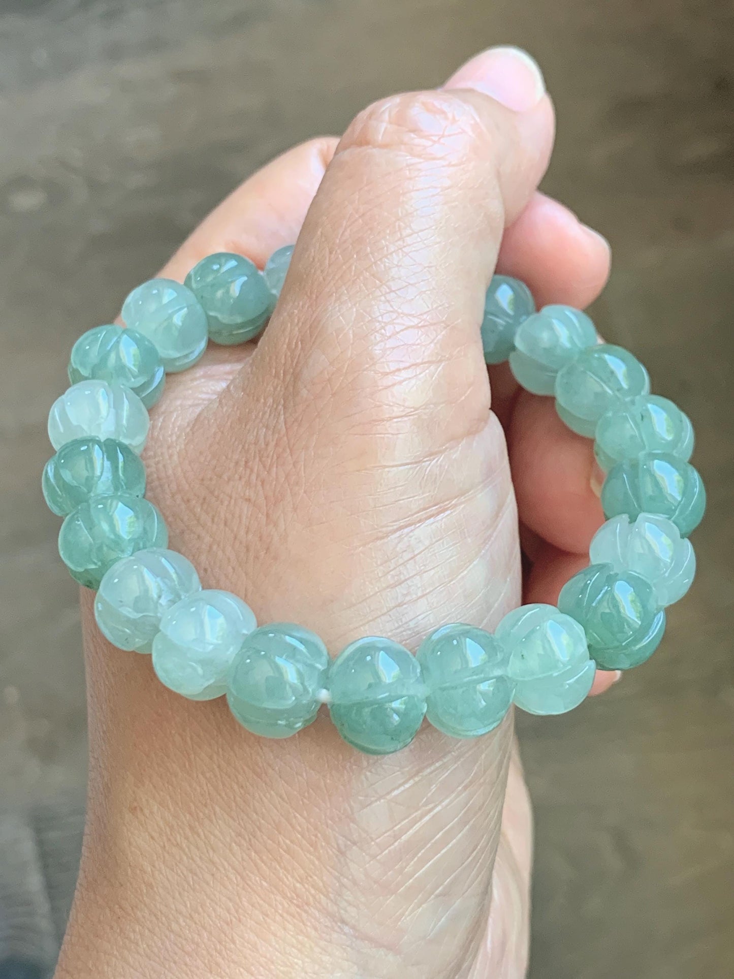 Certified Natural Grade A Icy Translucent Light Green Jade Jadeite Carved Lotus Flower Beads Beaded Bracelet 7” 34.47g 天然冰胶晴色翡翠莲花珠手串 1105