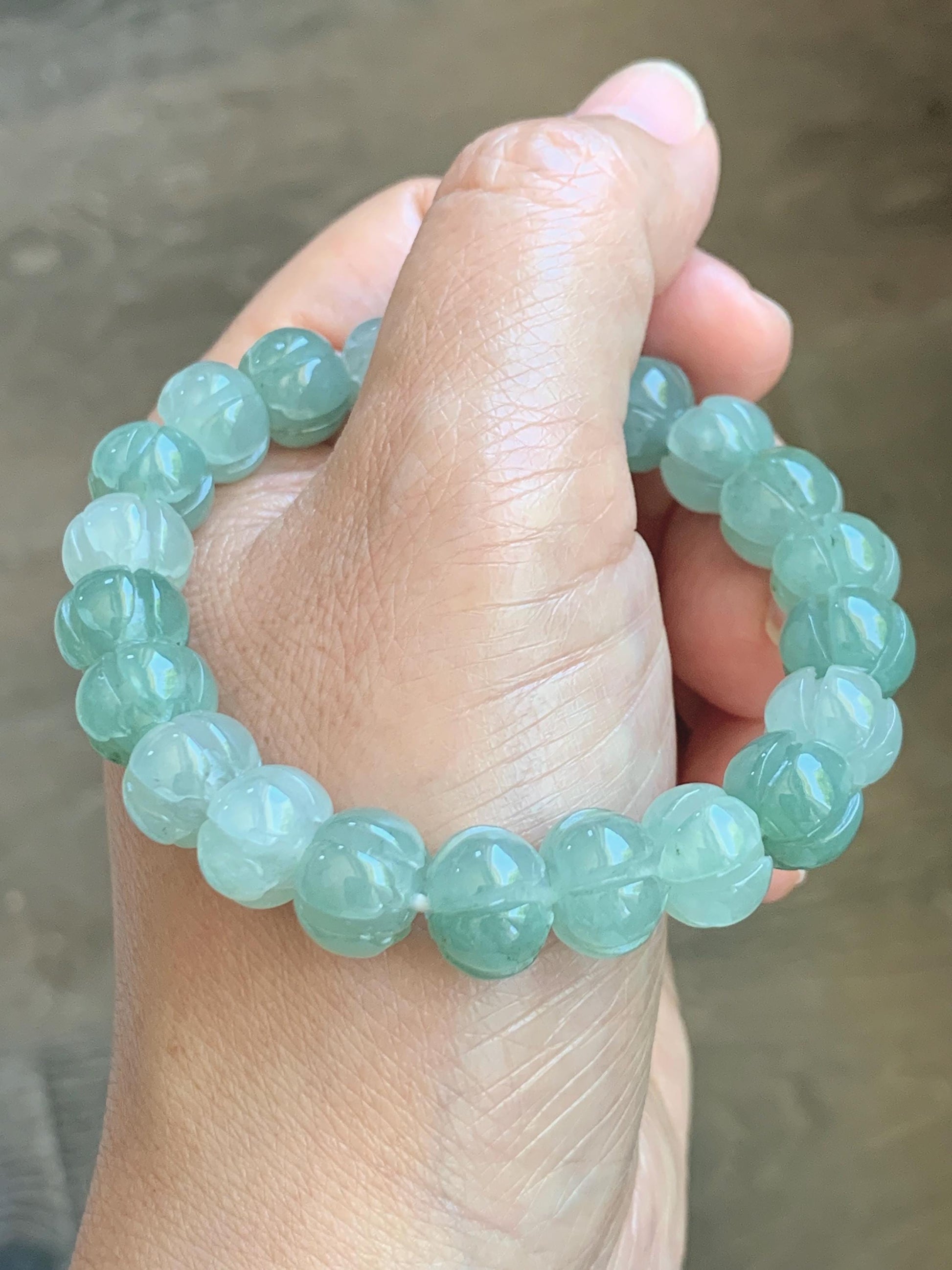 Certified Natural Grade A Icy Translucent Light Green Jade Jadeite Carved Lotus Flower Beads Beaded Bracelet 7” 34.47g 天然冰胶晴色翡翠莲花珠手串 1105