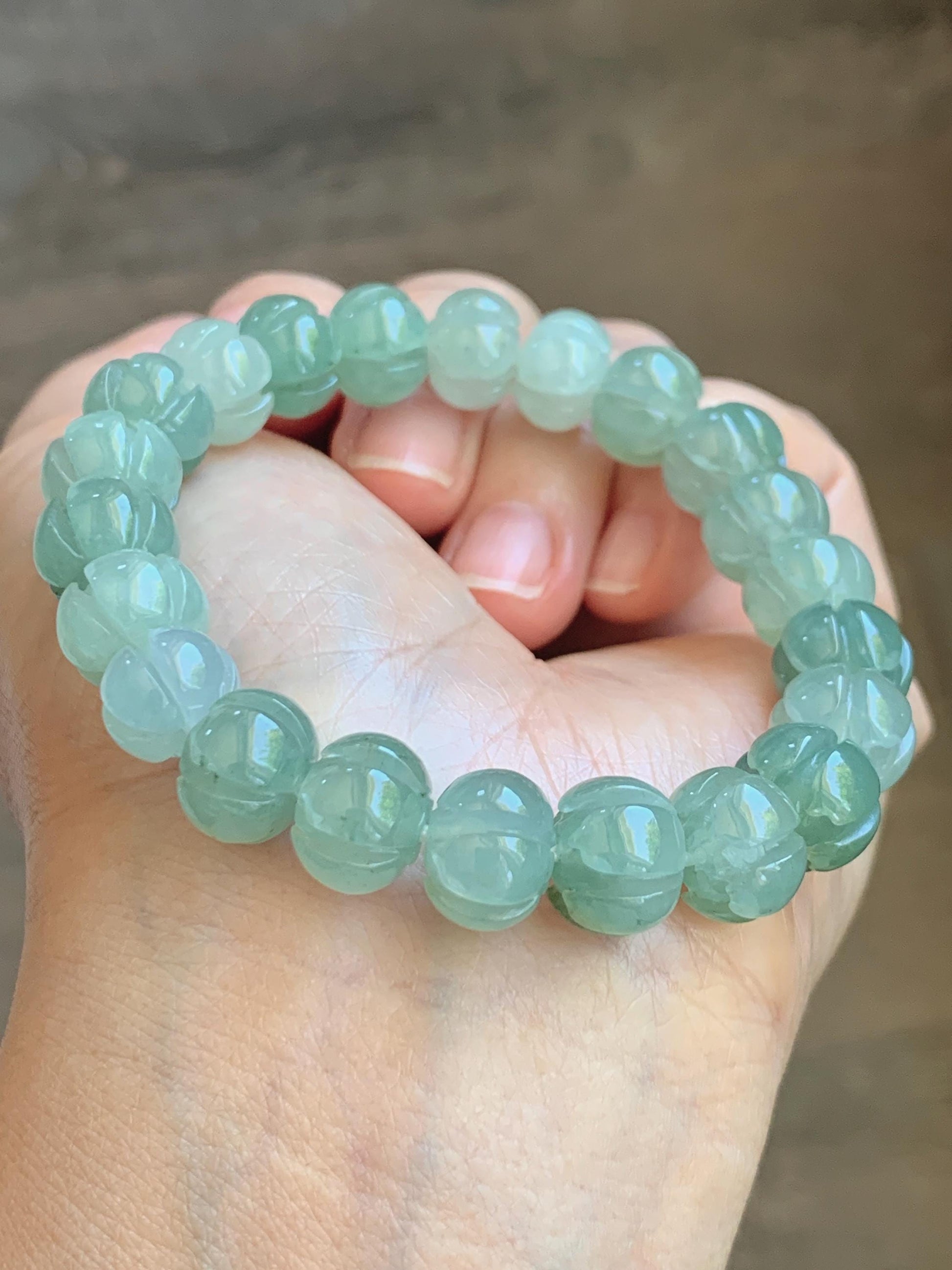 Certified Natural Grade A Icy Translucent Light Green Jade Jadeite Carved Lotus Flower Beads Beaded Bracelet 7” 34.47g 天然冰胶晴色翡翠莲花珠手串 1105