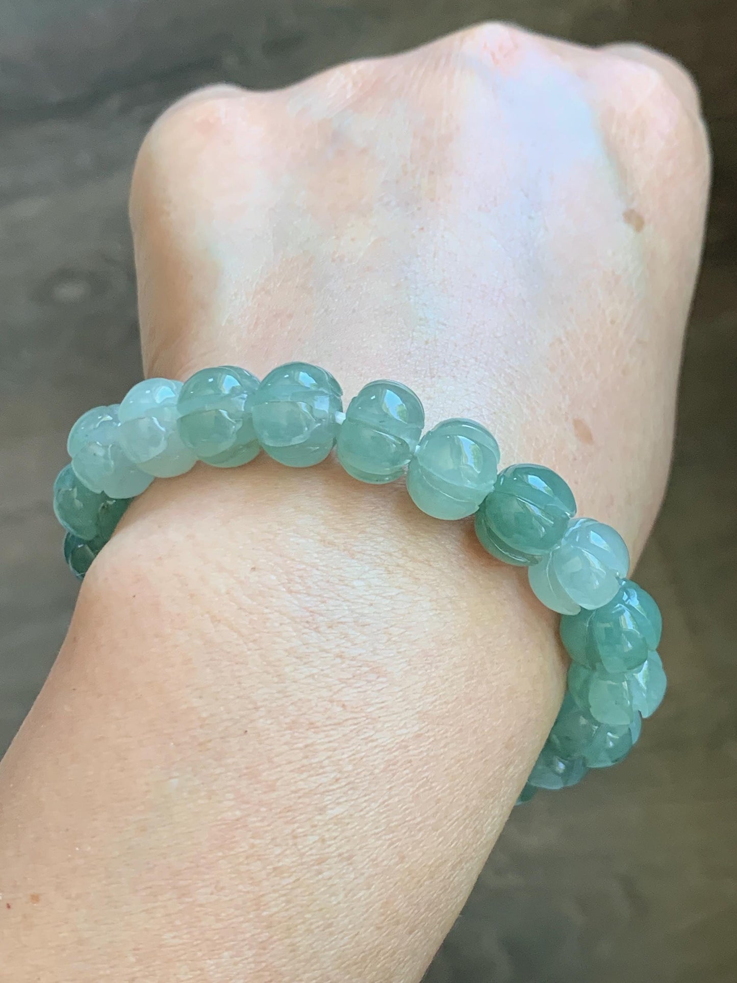 Certified Natural Grade A Icy Translucent Light Green Jade Jadeite Carved Lotus Flower Beads Beaded Bracelet 7” 34.47g 天然冰胶晴色翡翠莲花珠手串 1105