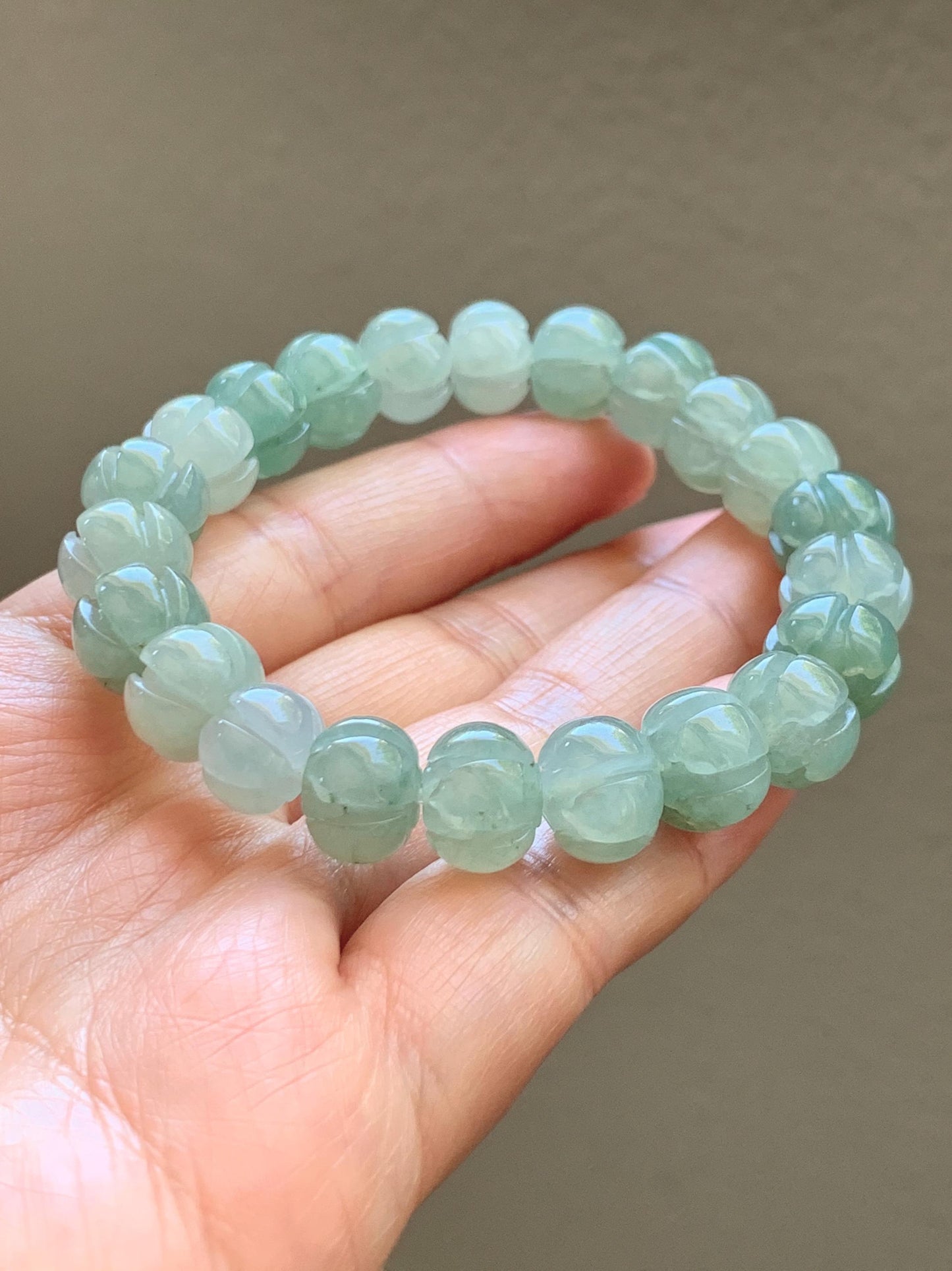 Certified Natural Grade A Icy Translucent Light Green Jade Jadeite Carved Lotus Flower Beads Beaded Bracelet 7” 34.47g 天然冰胶晴色翡翠莲花珠手串 1105