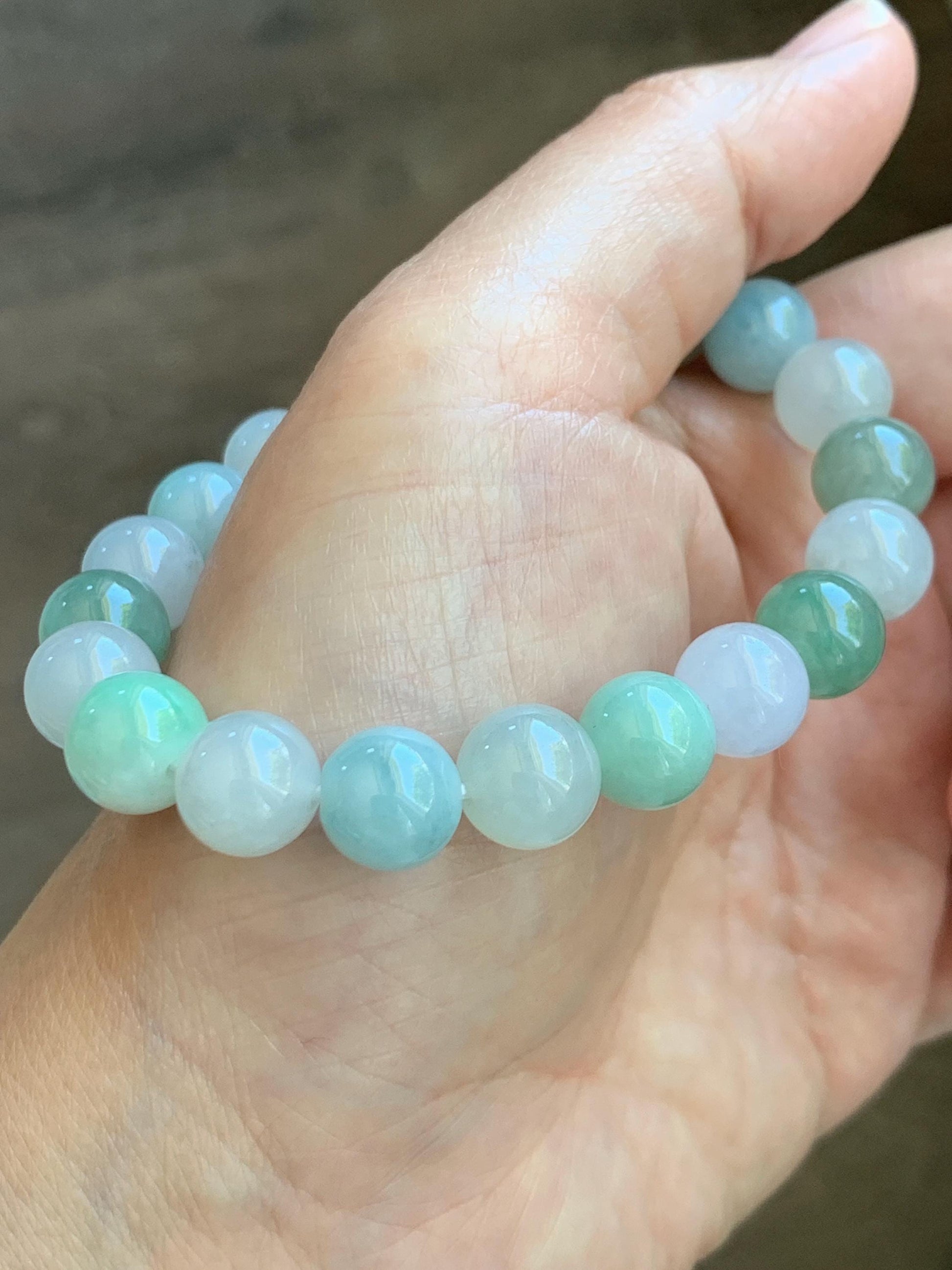 Certified Natural Grade A Icy Highly Translucent Gelatinous Multicolored Jade Jadeite Beads Beaded Bracelet 9.9mm 7.25” 32g 天然冰胶多宝翡翠手串 1165