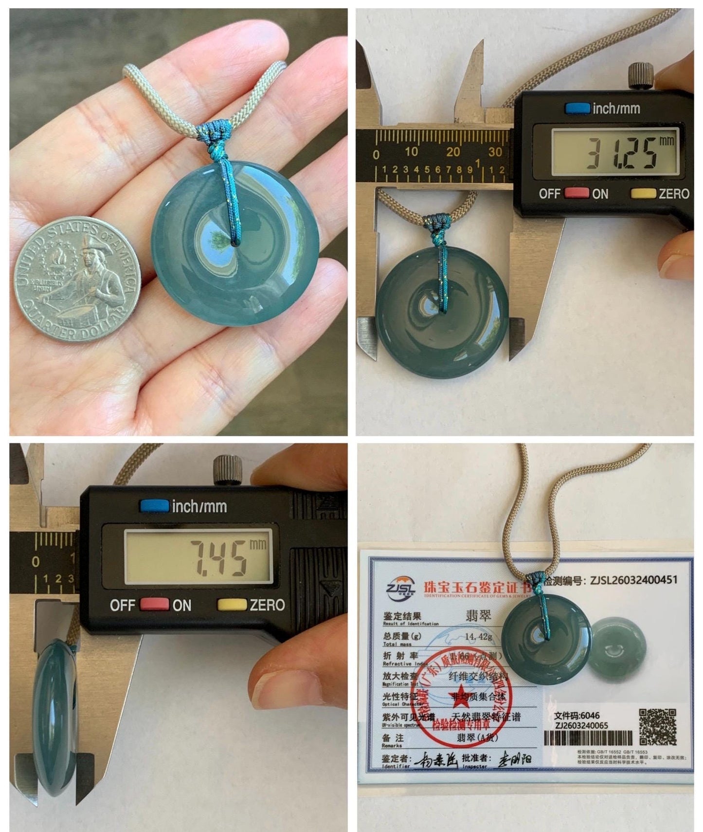 Certified Natural Grade A Guatemalan Icy Translucent Teal Blue Jade Jadeite Ping An Kou Donut Pendant Rope Necklace 24.5” 天然冰胶危蓝翡翠平安扣吊坠 451