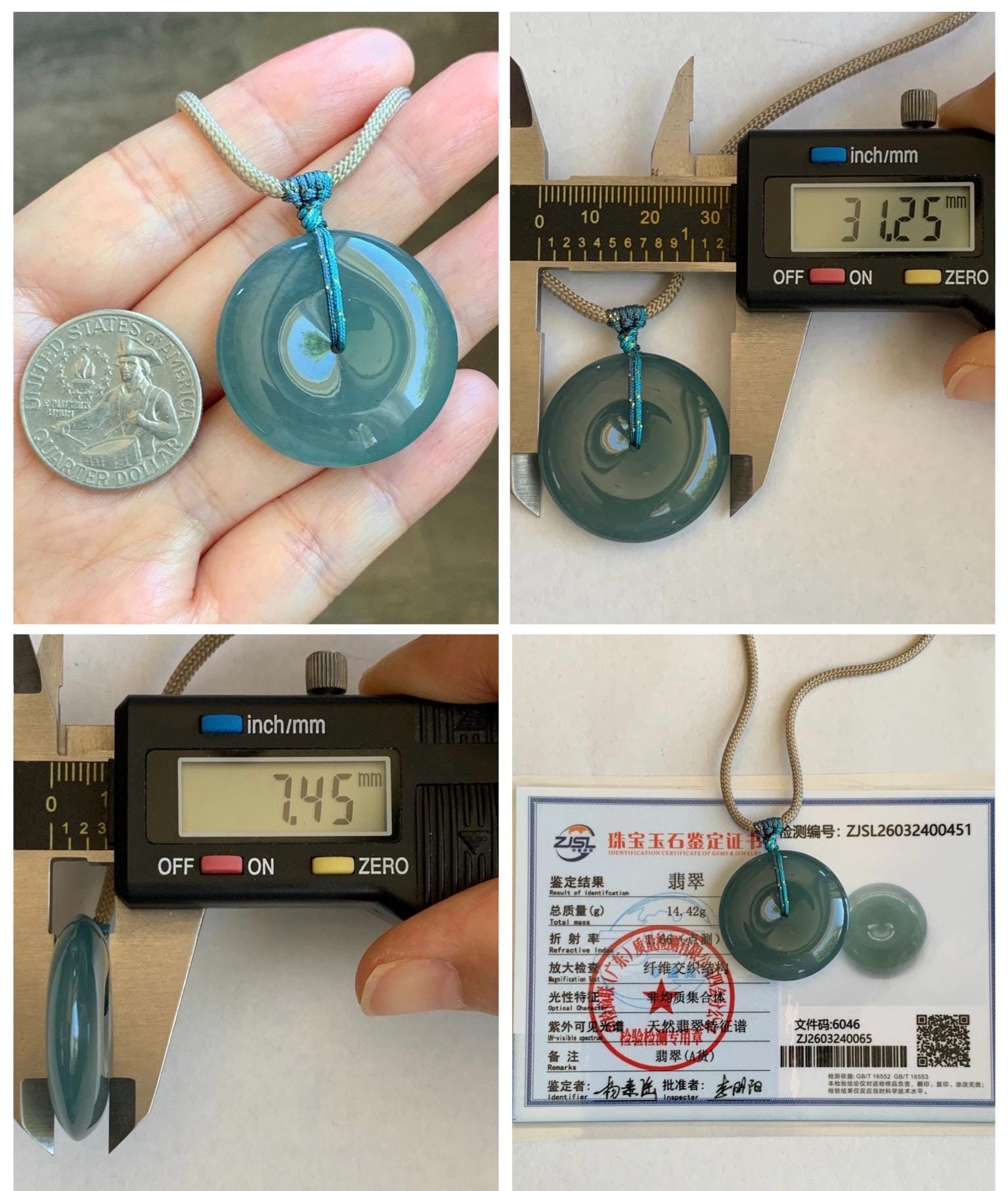 Certified Natural Grade A Guatemalan Icy Translucent Teal Blue Jade Jadeite Ping An Kou Donut Pendant Rope Necklace 24.5” 天然冰胶危蓝翡翠平安扣吊坠 451