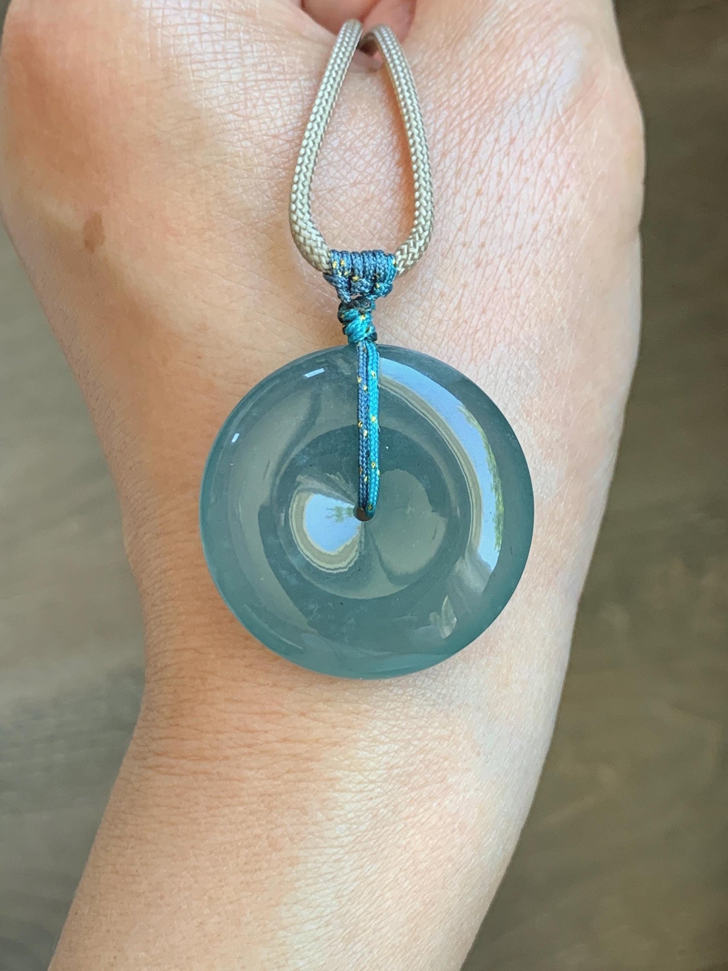 Certified Natural Grade A Guatemalan Icy Translucent Teal Blue Jade Jadeite Ping An Kou Donut Pendant Rope Necklace 24.5” 天然冰胶危蓝翡翠平安扣吊坠 451