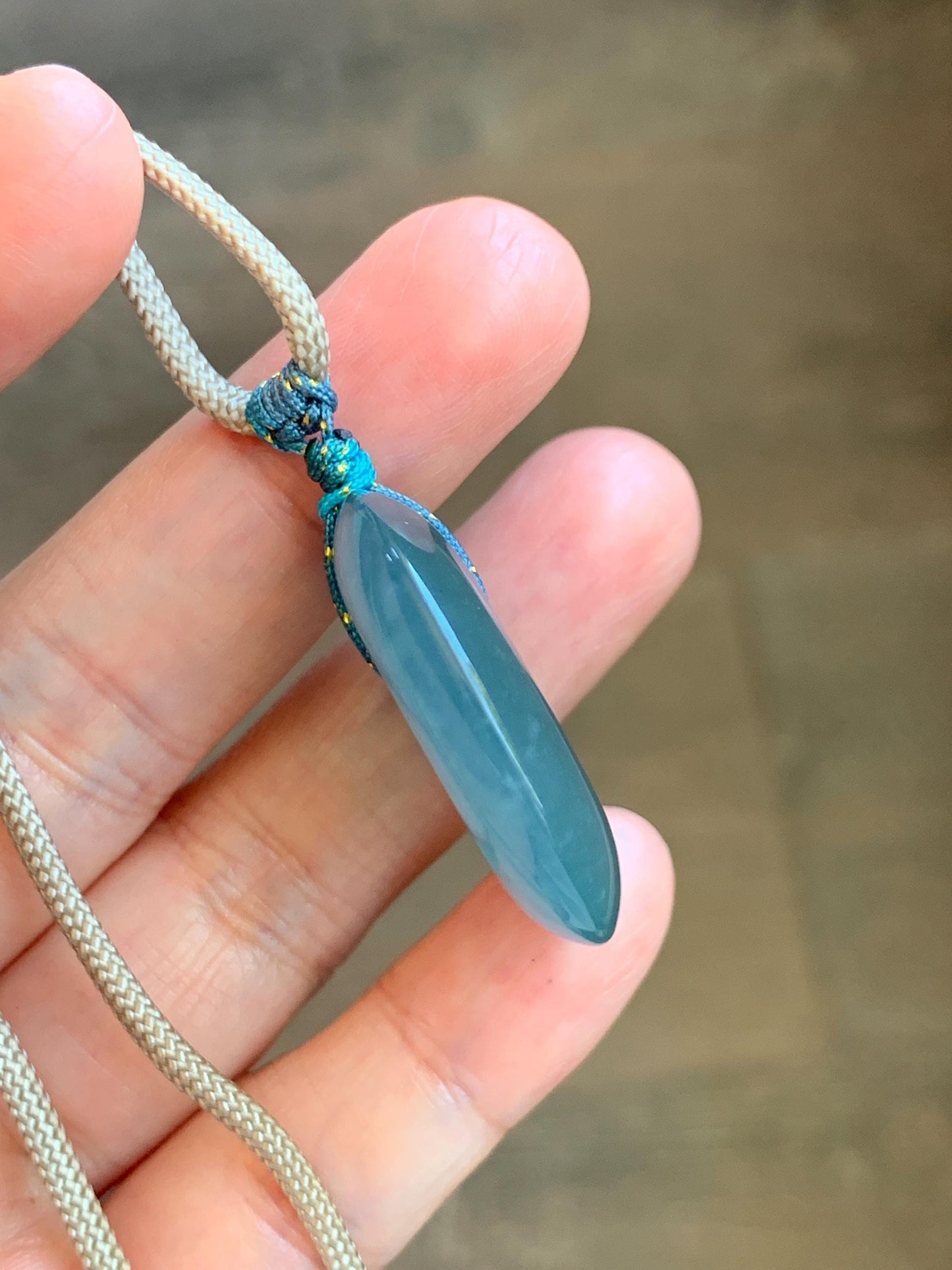Certified Natural Grade A Guatemalan Icy Translucent Teal Blue Jade Jadeite Ping An Kou Donut Pendant Rope Necklace 24.5” 天然冰胶危蓝翡翠平安扣吊坠 451