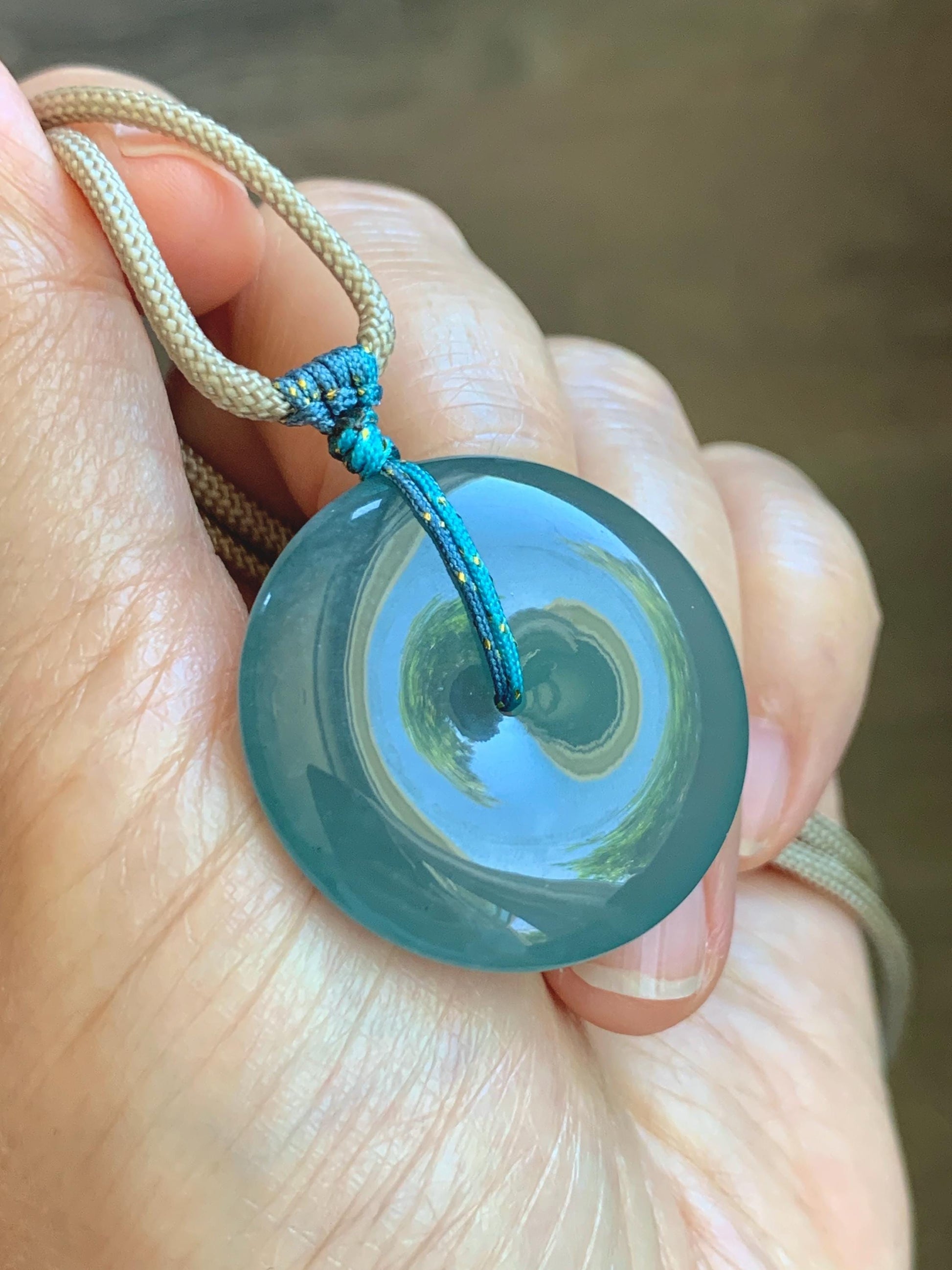 Certified Natural Grade A Guatemalan Icy Translucent Teal Blue Jade Jadeite Ping An Kou Donut Pendant Rope Necklace 24.5” 天然冰胶危蓝翡翠平安扣吊坠 451