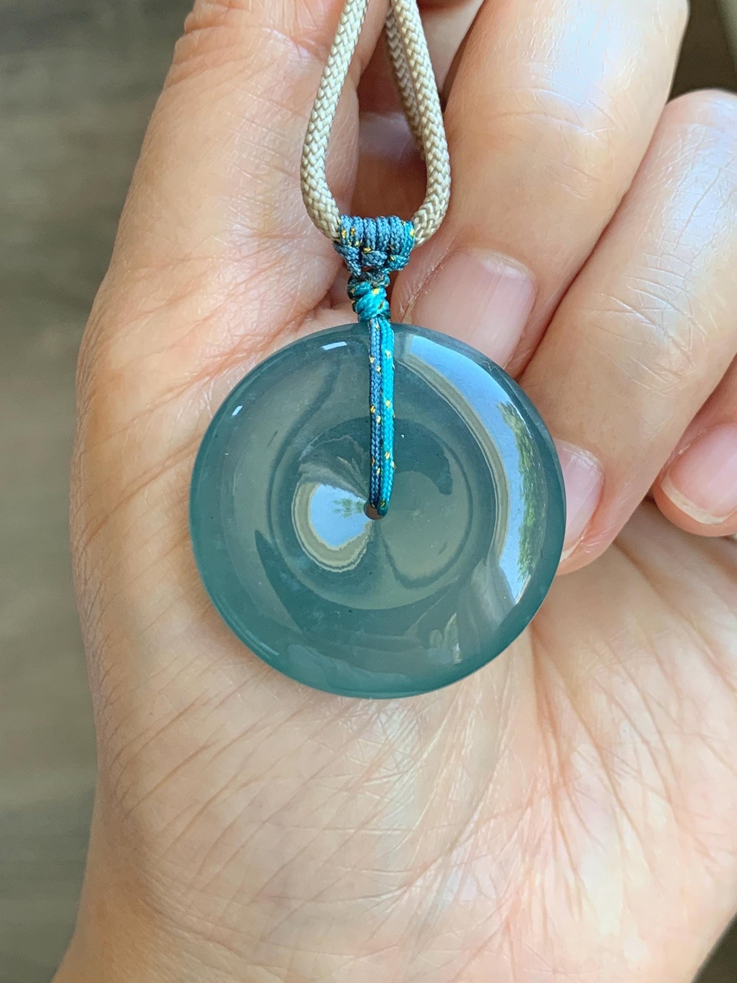 Certified Natural Grade A Guatemalan Icy Translucent Teal Blue Jade Jadeite Ping An Kou Donut Pendant Rope Necklace 24.5” 天然冰胶危蓝翡翠平安扣吊坠 451