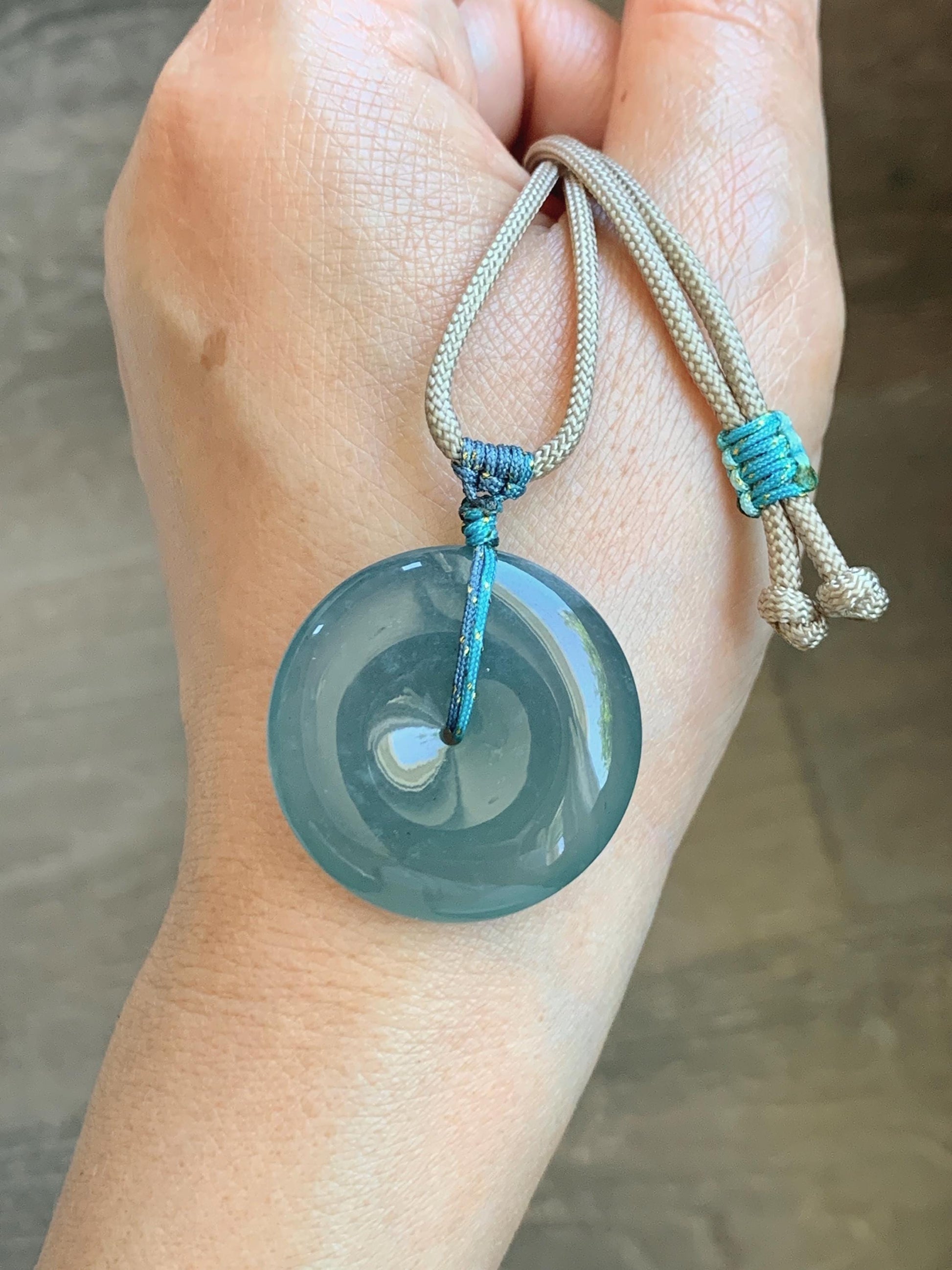 Certified Natural Grade A Guatemalan Icy Translucent Teal Blue Jade Jadeite Ping An Kou Donut Pendant Rope Necklace 24.5” 天然冰胶危蓝翡翠平安扣吊坠 451