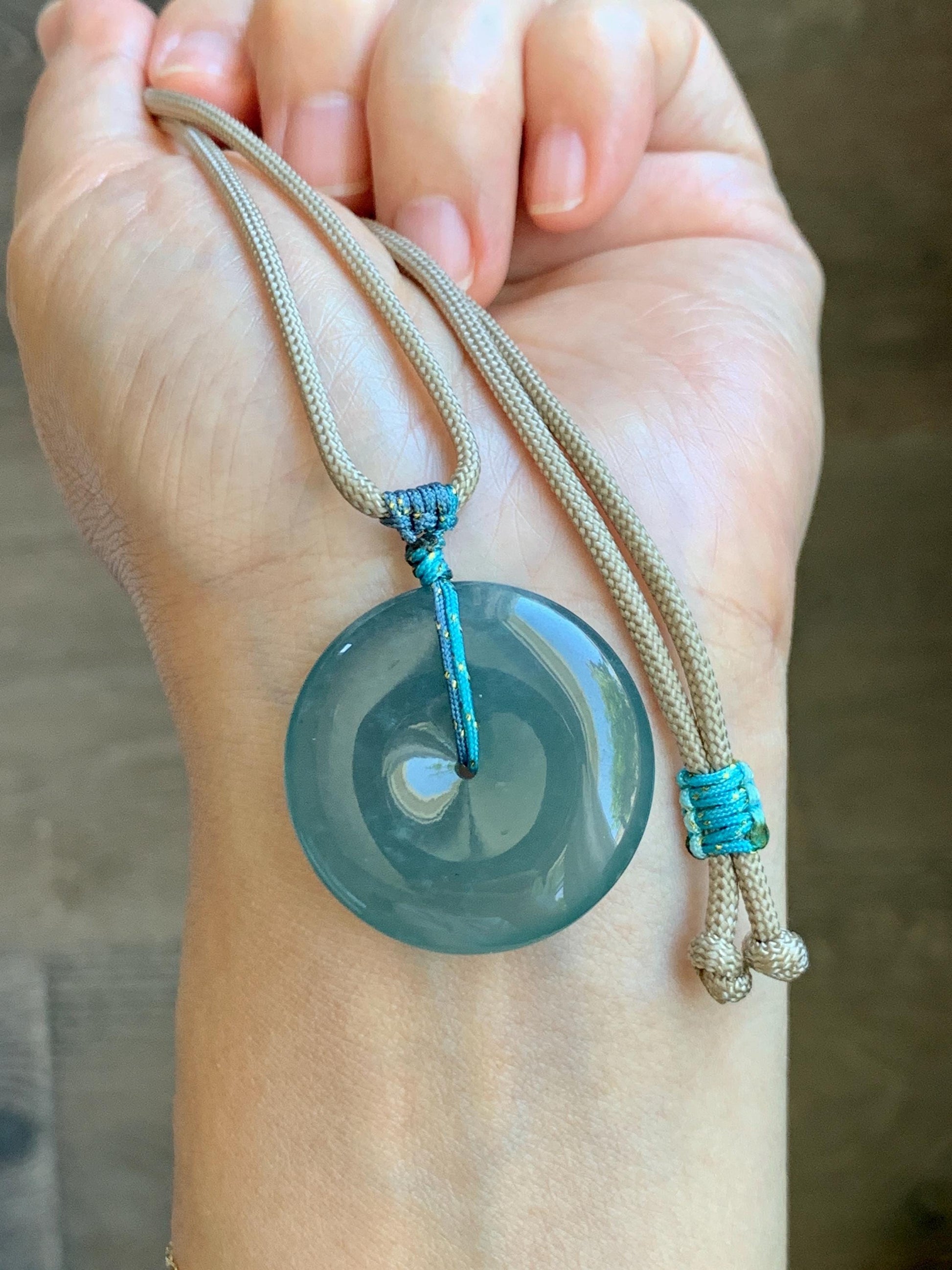 Certified Natural Grade A Guatemalan Icy Translucent Teal Blue Jade Jadeite Ping An Kou Donut Pendant Rope Necklace 24.5” 天然冰胶危蓝翡翠平安扣吊坠 451