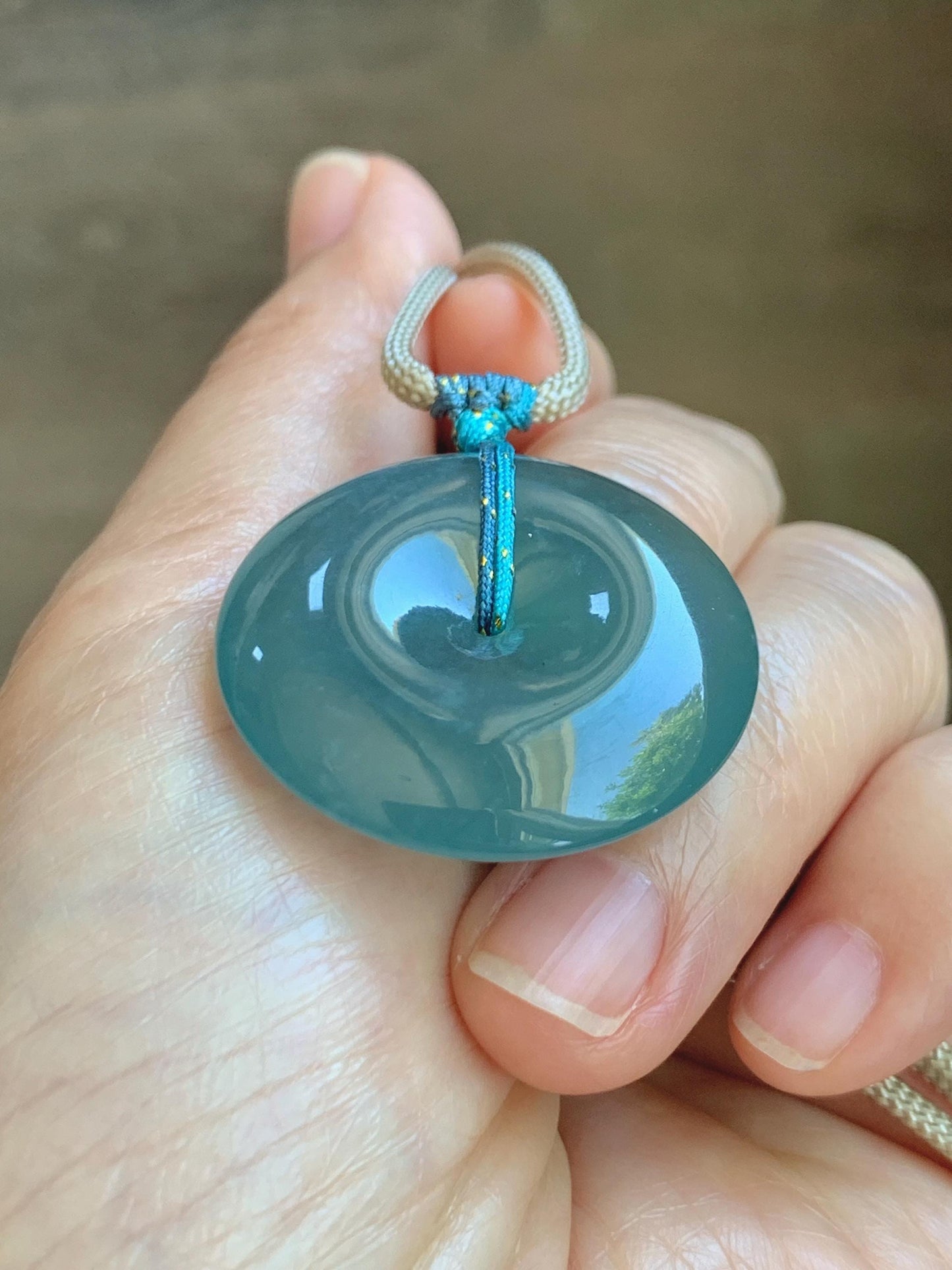 Certified Natural Grade A Guatemalan Icy Translucent Teal Blue Jade Jadeite Ping An Kou Donut Pendant Rope Necklace 24.5” 天然冰胶危蓝翡翠平安扣吊坠 451